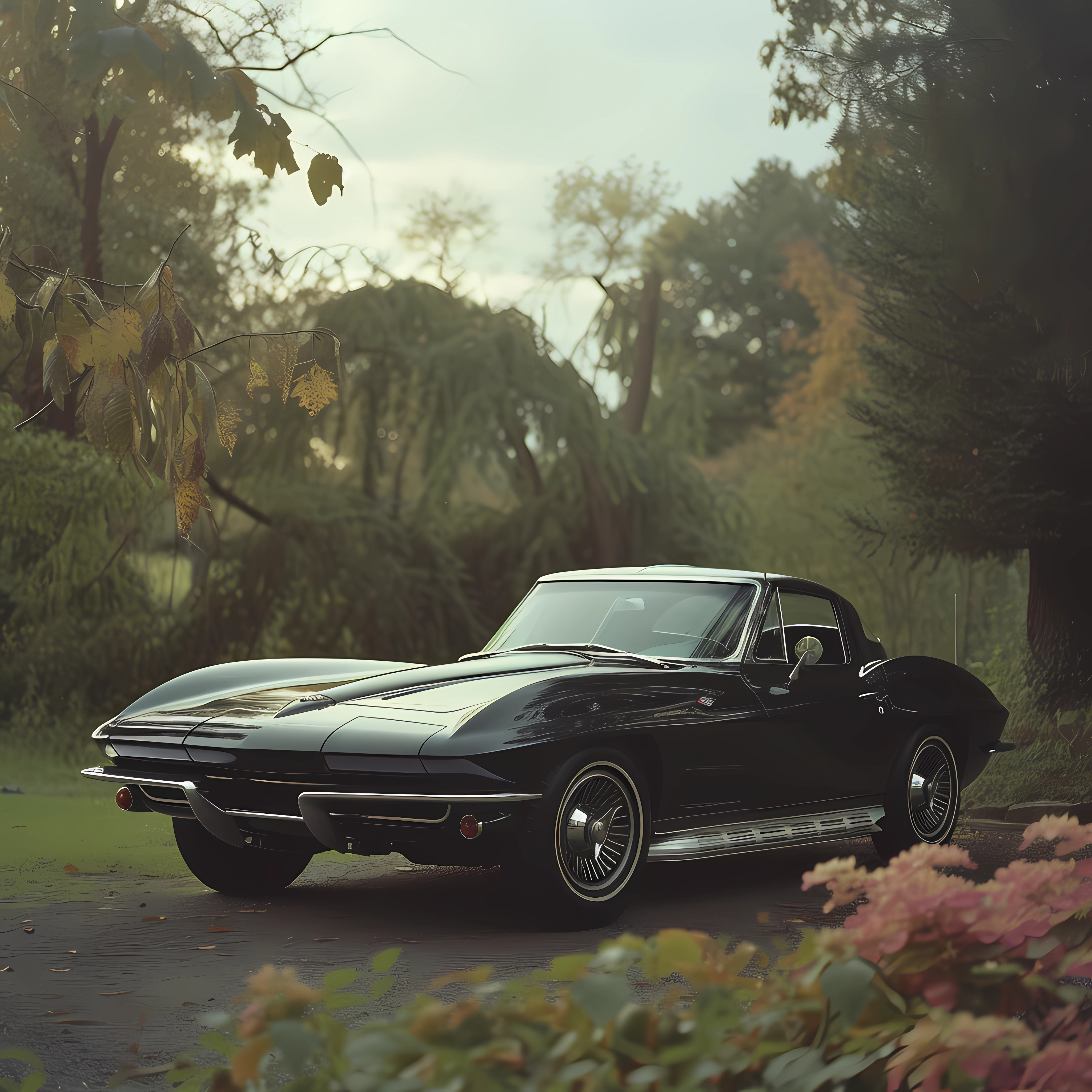 Avatar of a classic Chevrolet Corvette Stingray parked outdoors with a backdrop of trees and flowers, showcasing its sleek black design.