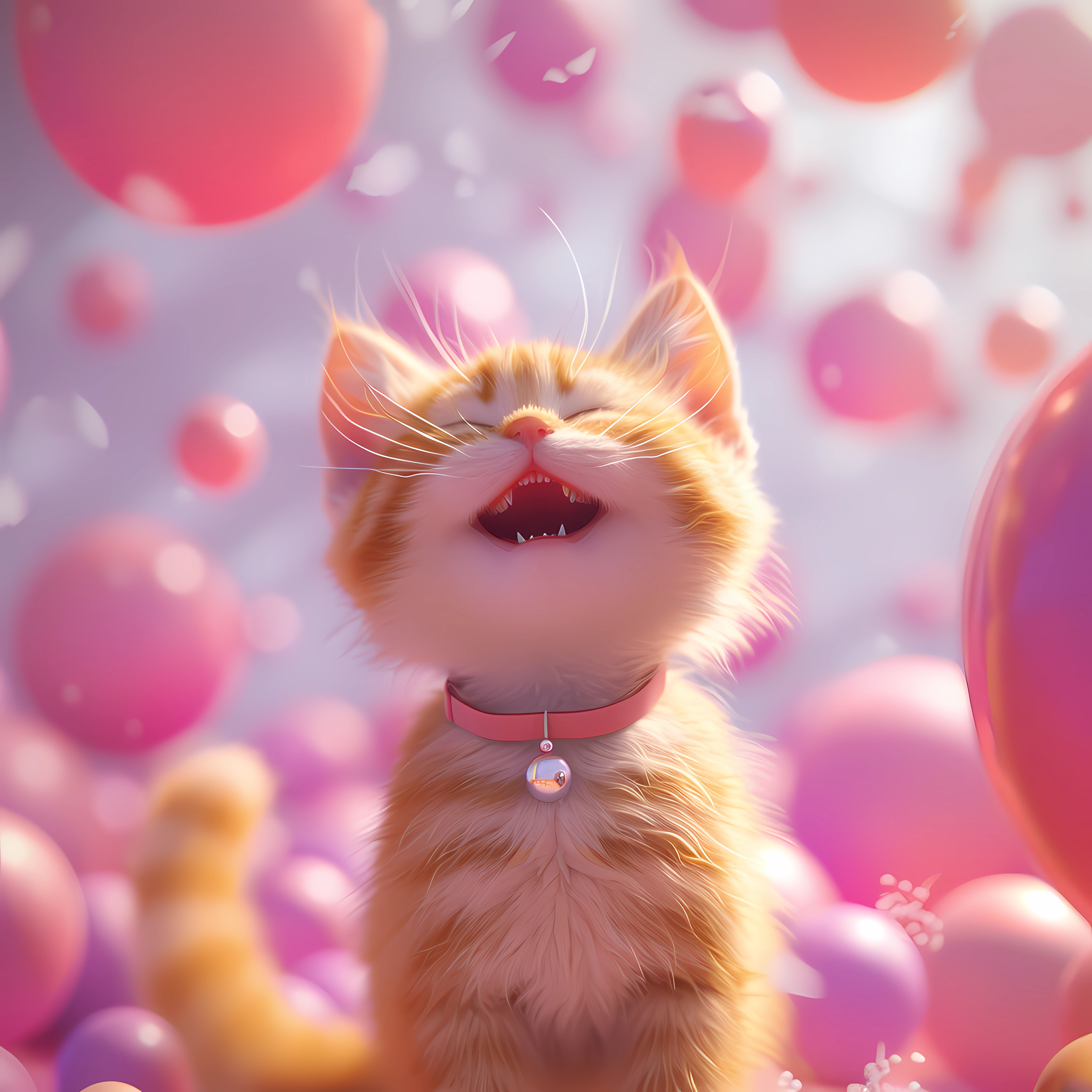 Joyful orange kitten with a cute expression surrounded by colorful balloons, perfect for an avatar or profile picture.