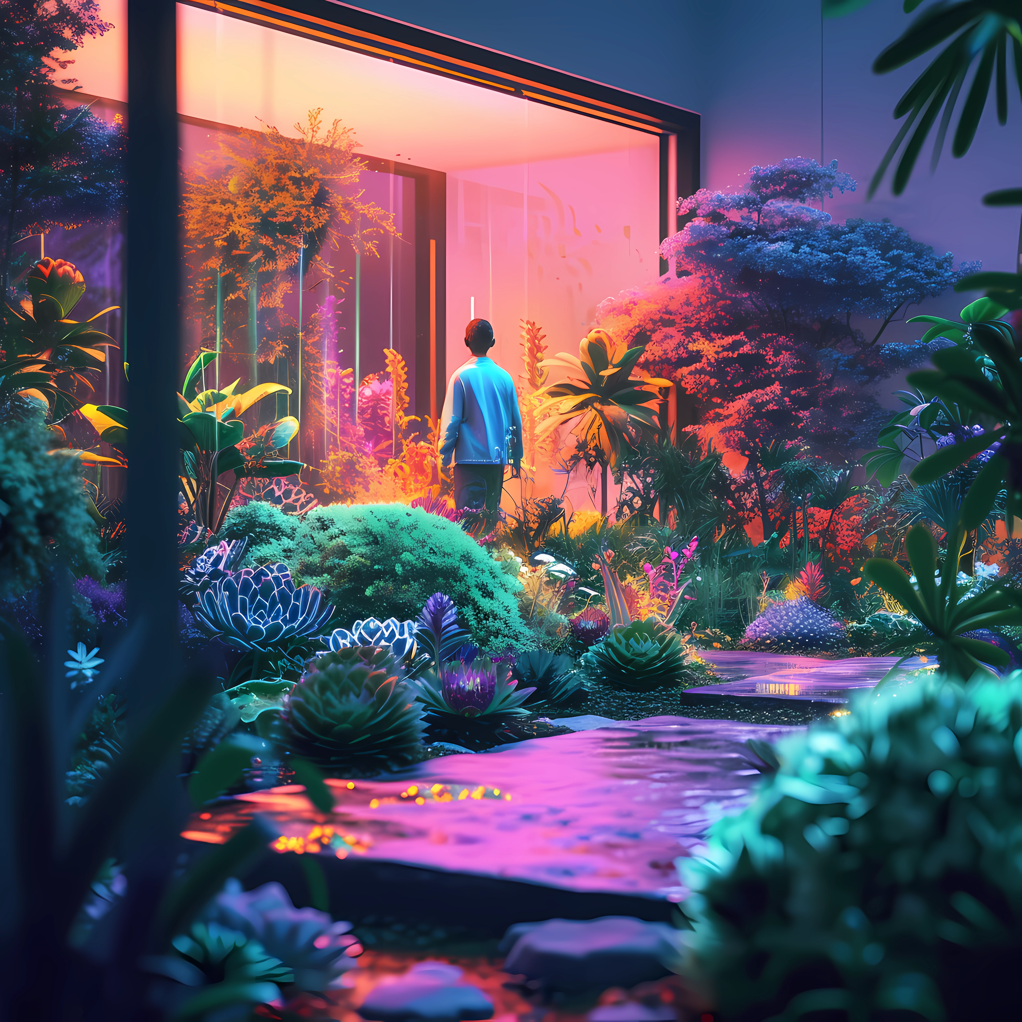 Avatar image featuring a person standing in a vibrant, psychedelic garden with vaporwave aesthetics, surrounded by lush plants illuminated by neon lights.