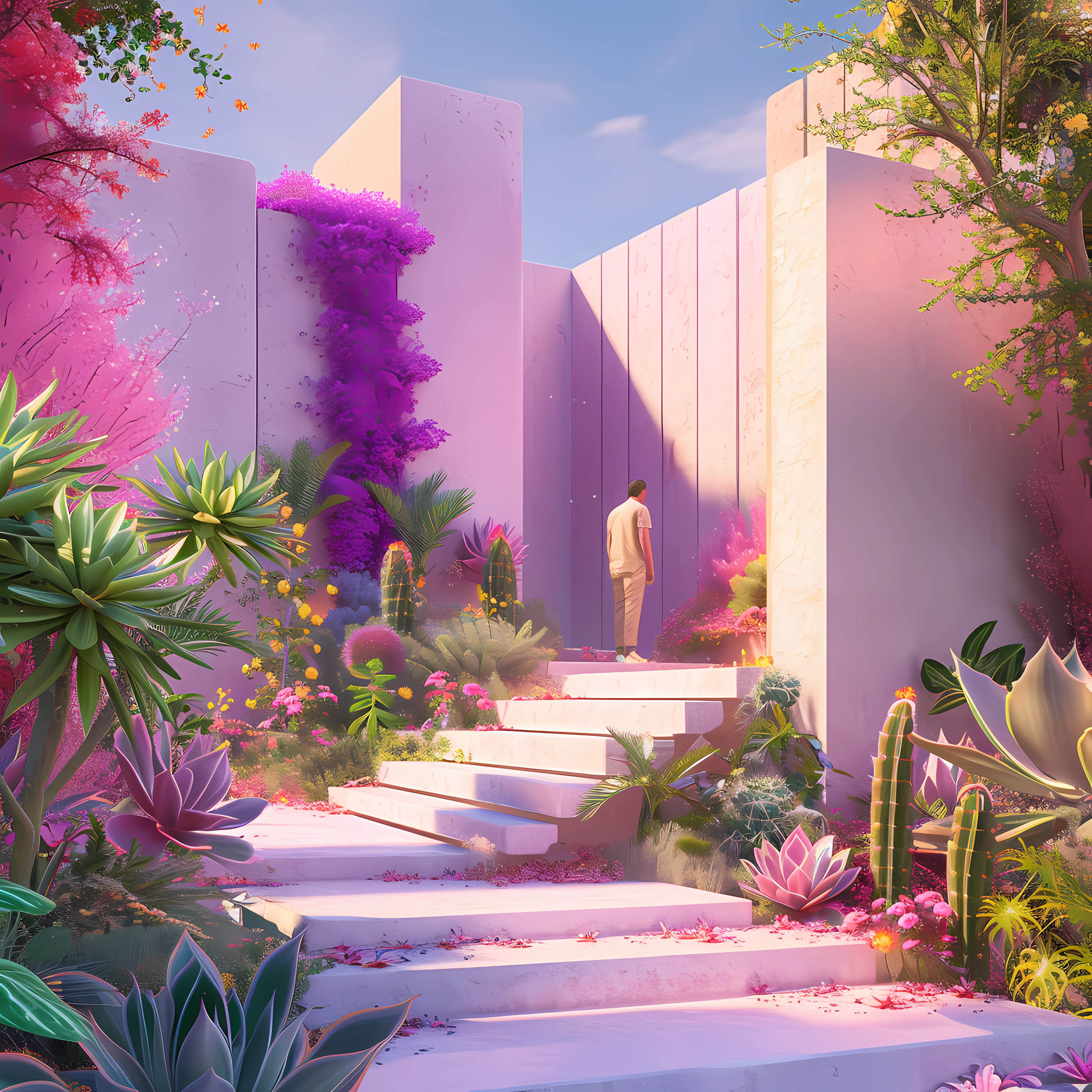 Avatar image of a surreal vaporwave-inspired garden with vibrant purple foliage and modern geometric structures, perfect for gardening and psychedelic art enthusiasts.