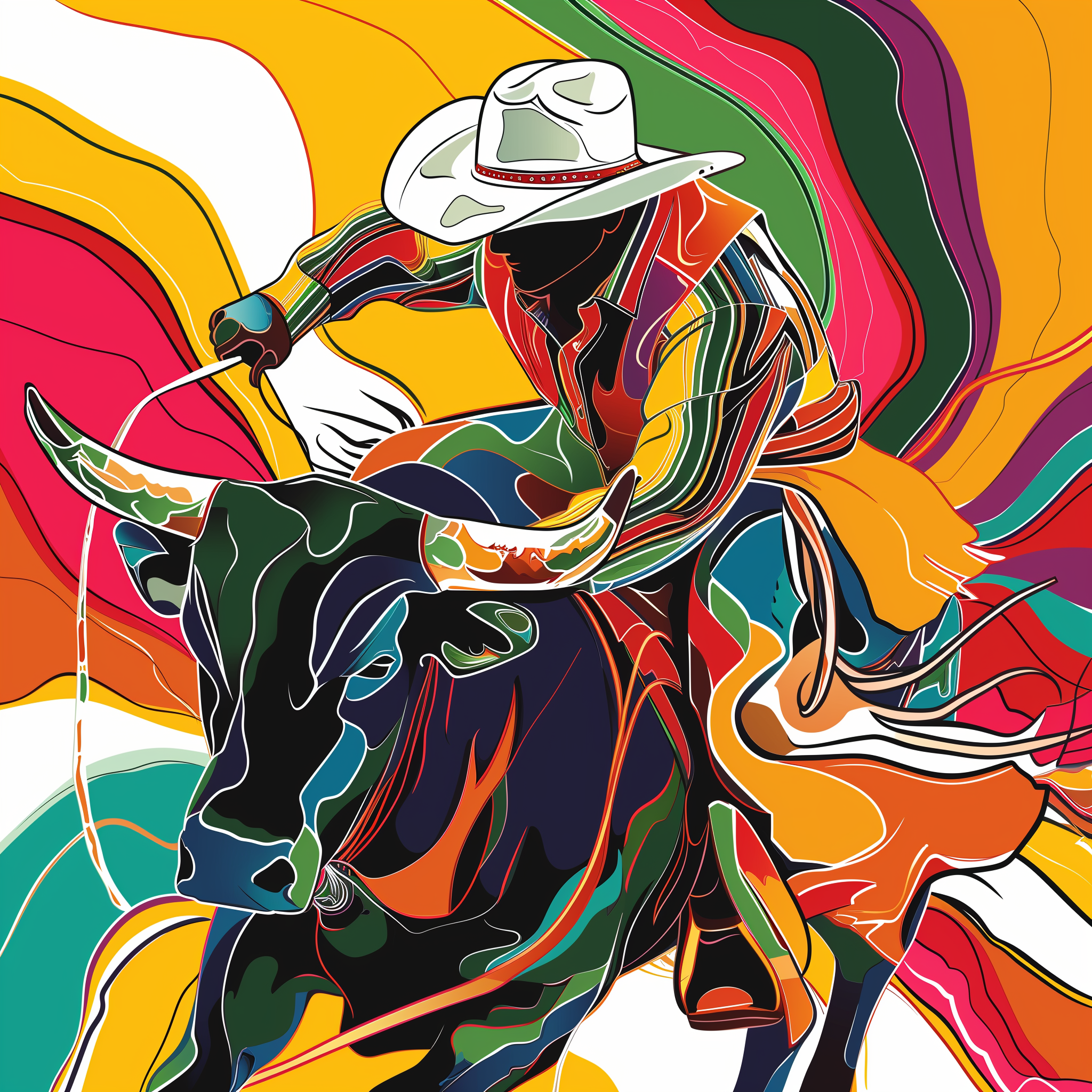 Vibrant avatar of a cowboy riding a bull at a rodeo with colorful abstract background, suitable for profile picture use.
