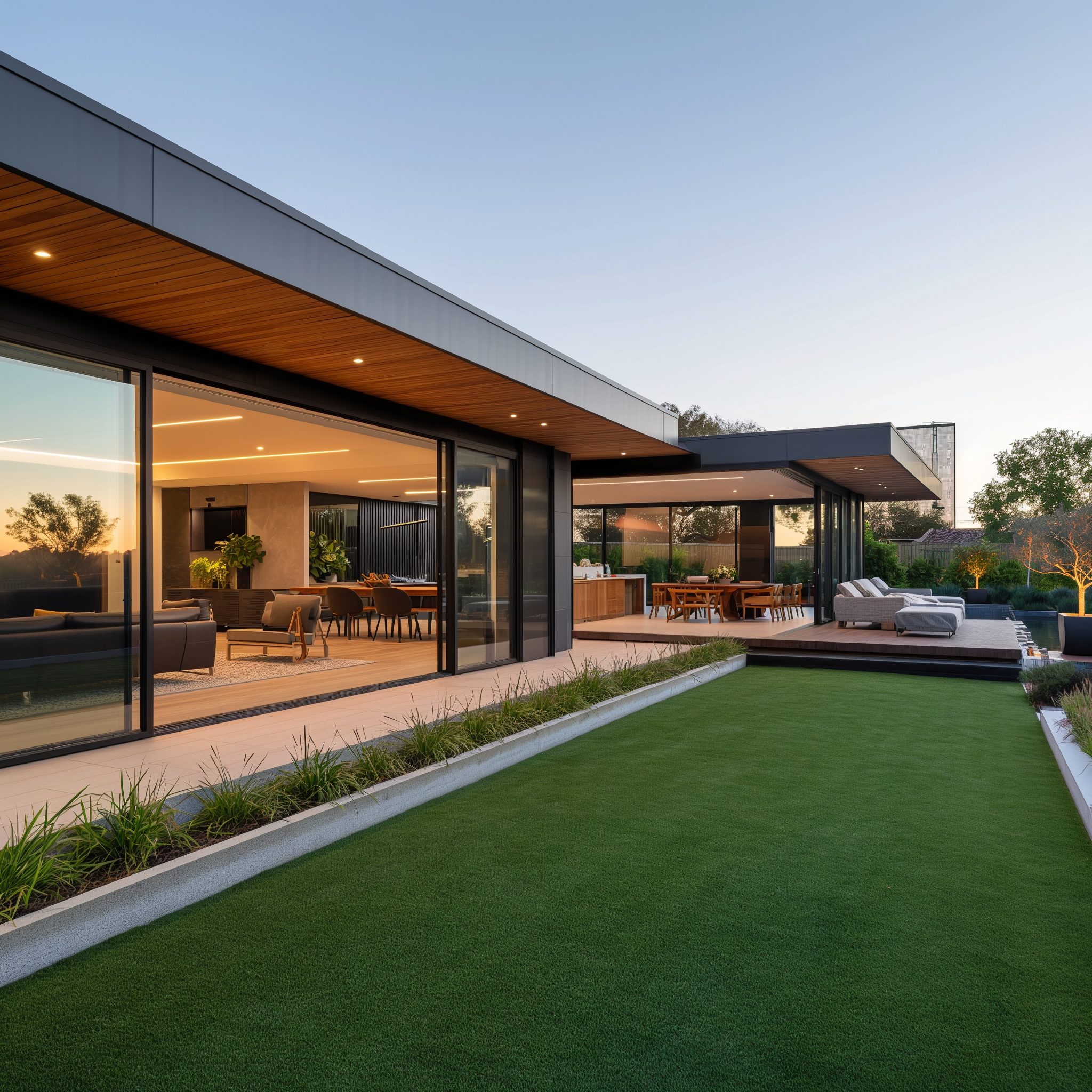 Modern house with large windows and a well-manicured lawn at dusk, ideal for a real estate avatar.