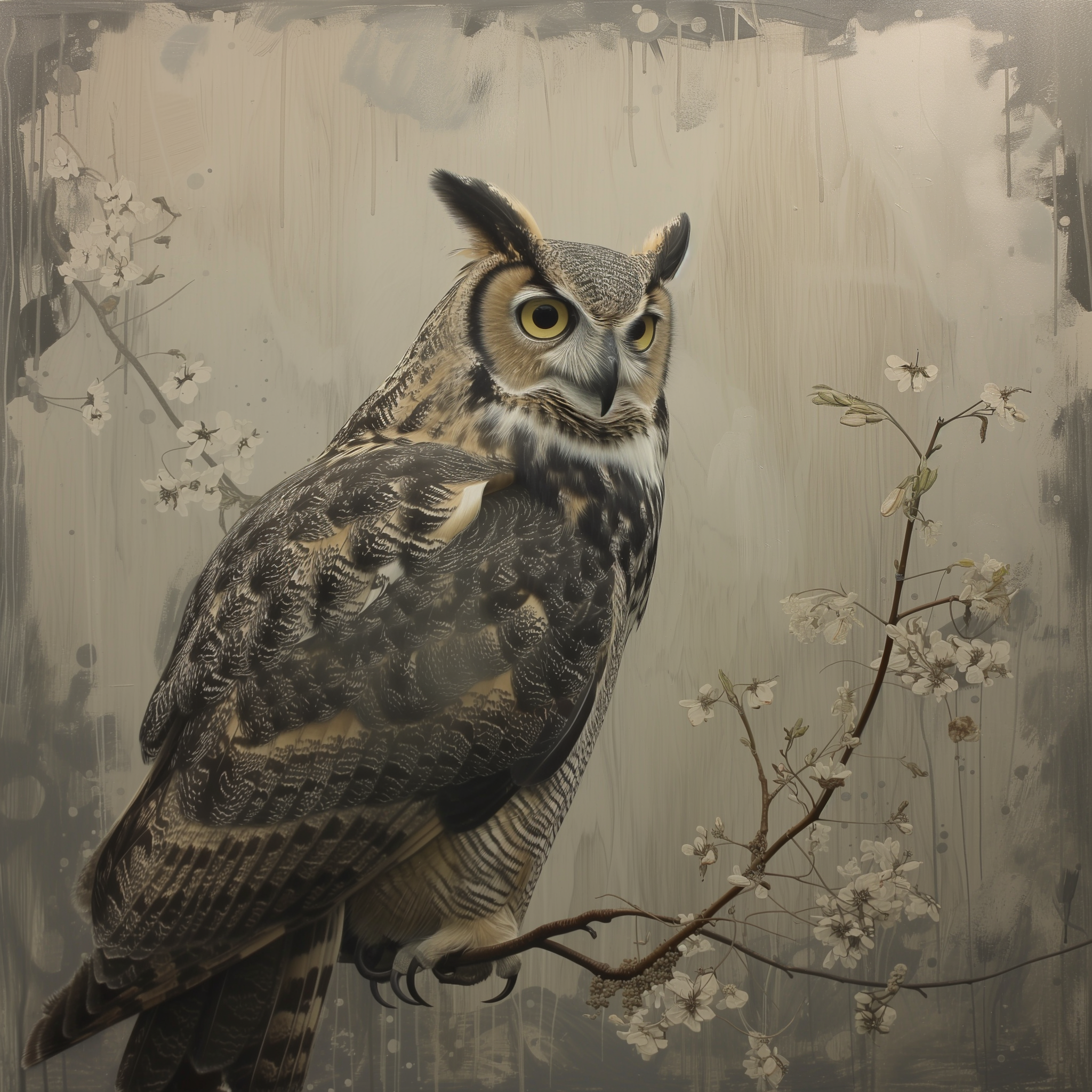 Avatar of a Great Horned Owl perched on a branch, with an artistic, textured beige background.