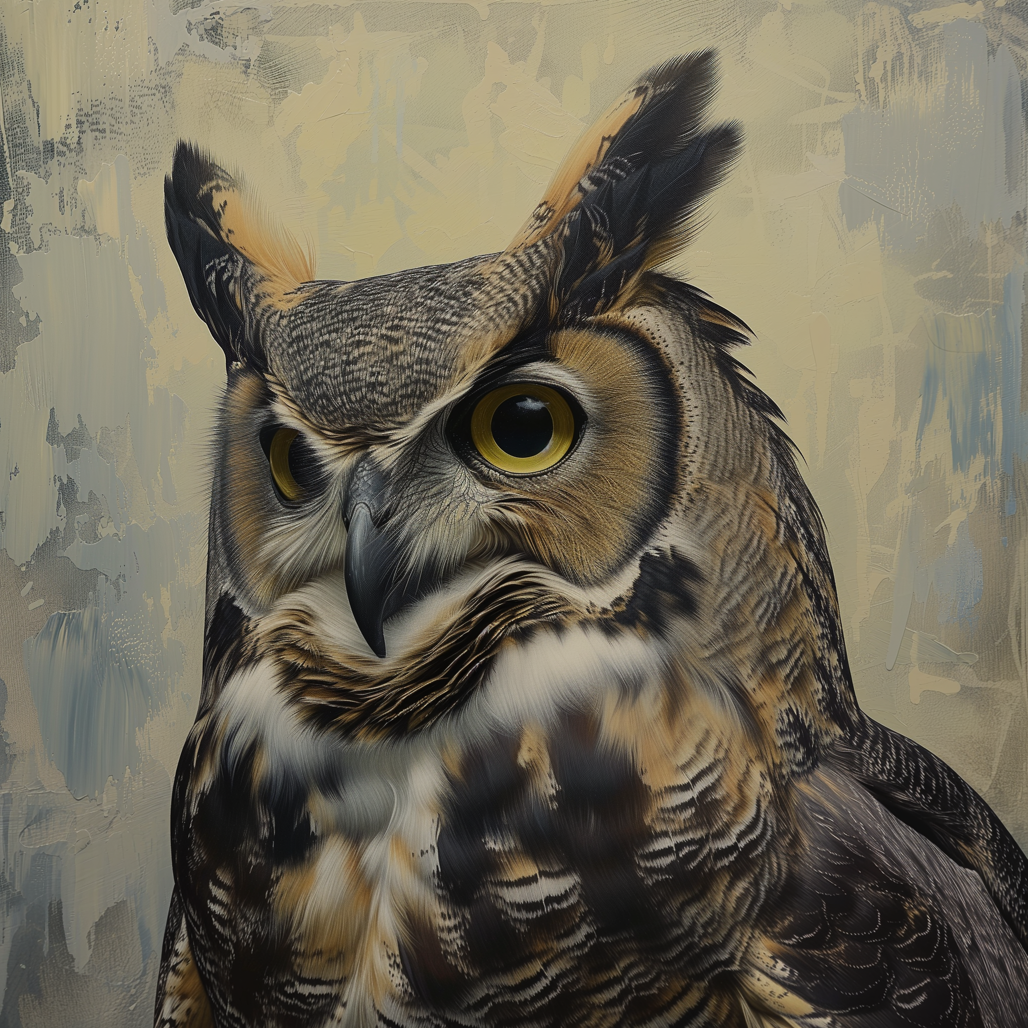Avatar of a Great Horned Owl with piercing yellow eyes and detailed feathers against a textured background.