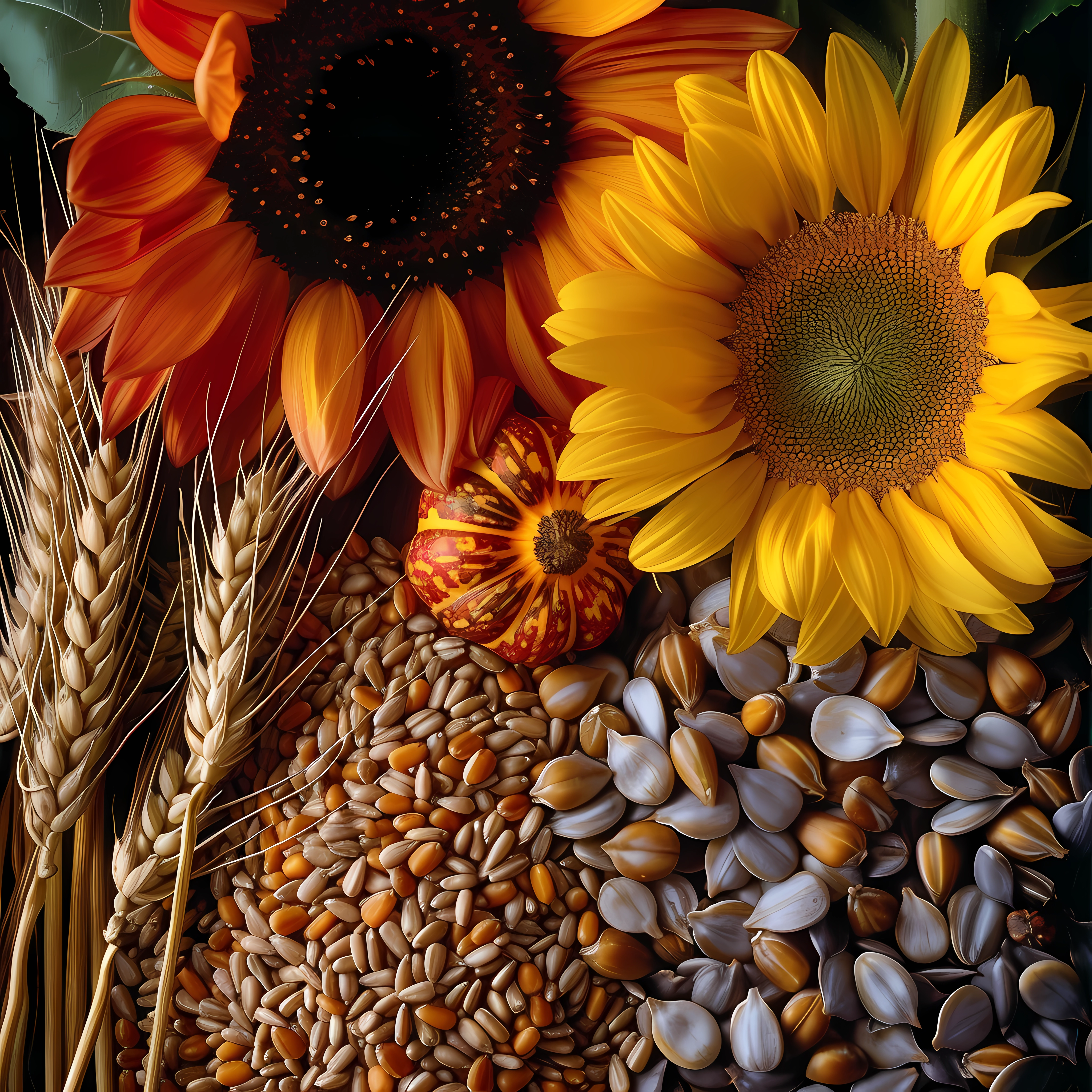 Colorful still life avatar featuring bright sunflowers, pumpkin, assorted seeds, and wheat stalks.