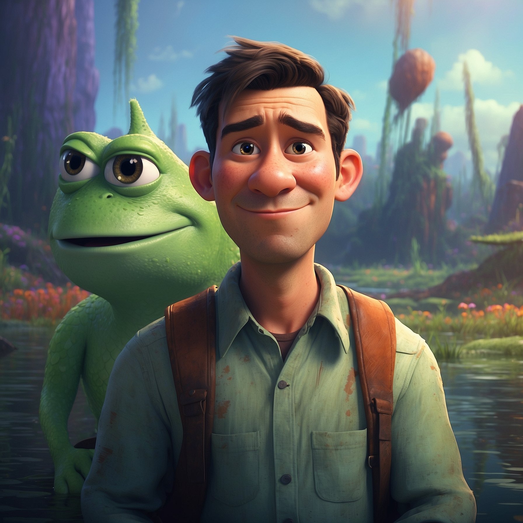 Animated movie characters avatar featuring a smiling man and a green creature against a fantasy backdrop.