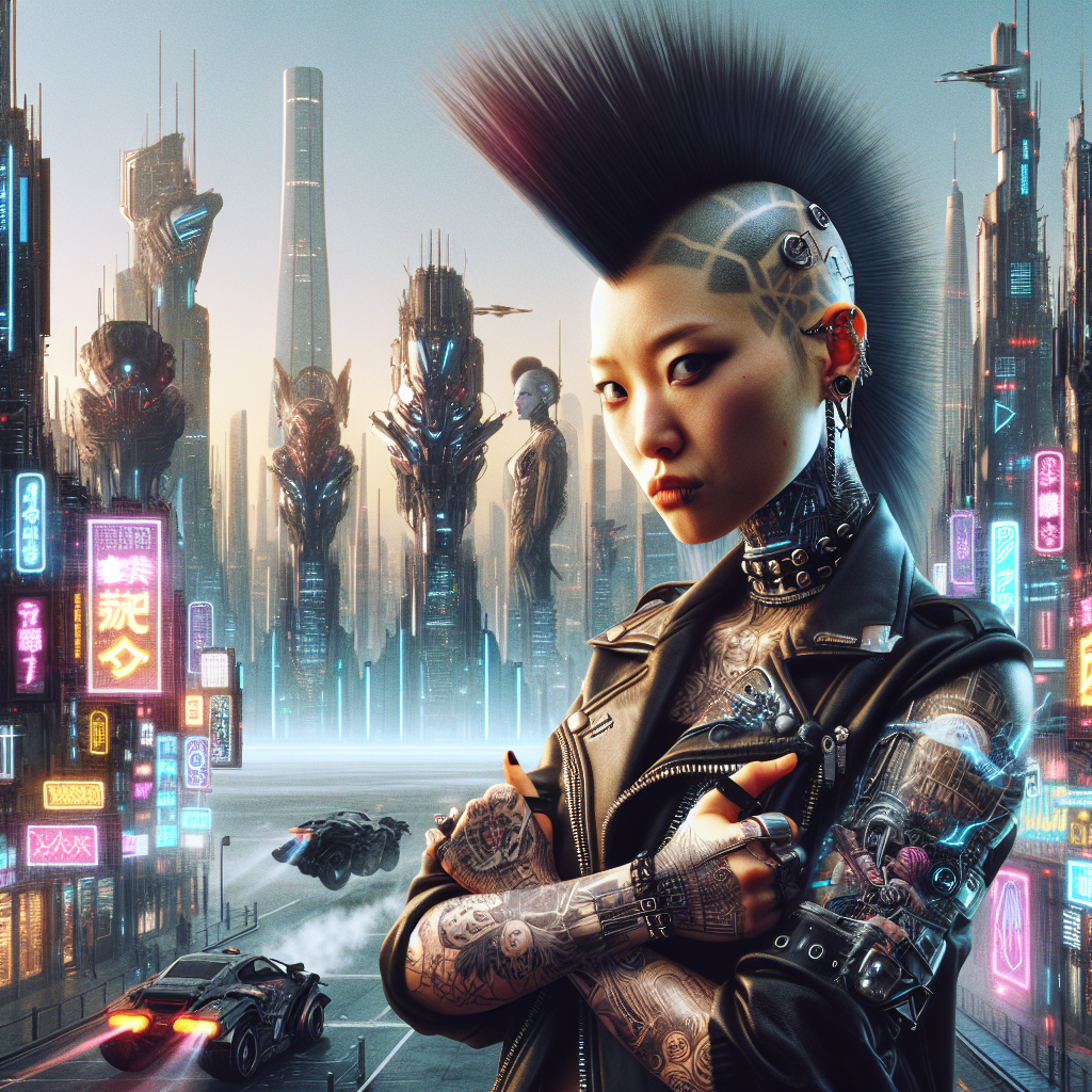 Futuristic sci-fi city avatar featuring a character with cybernetic tattoos and mohawk hairstyle against a backdrop of towering skyscrapers and neon signs.