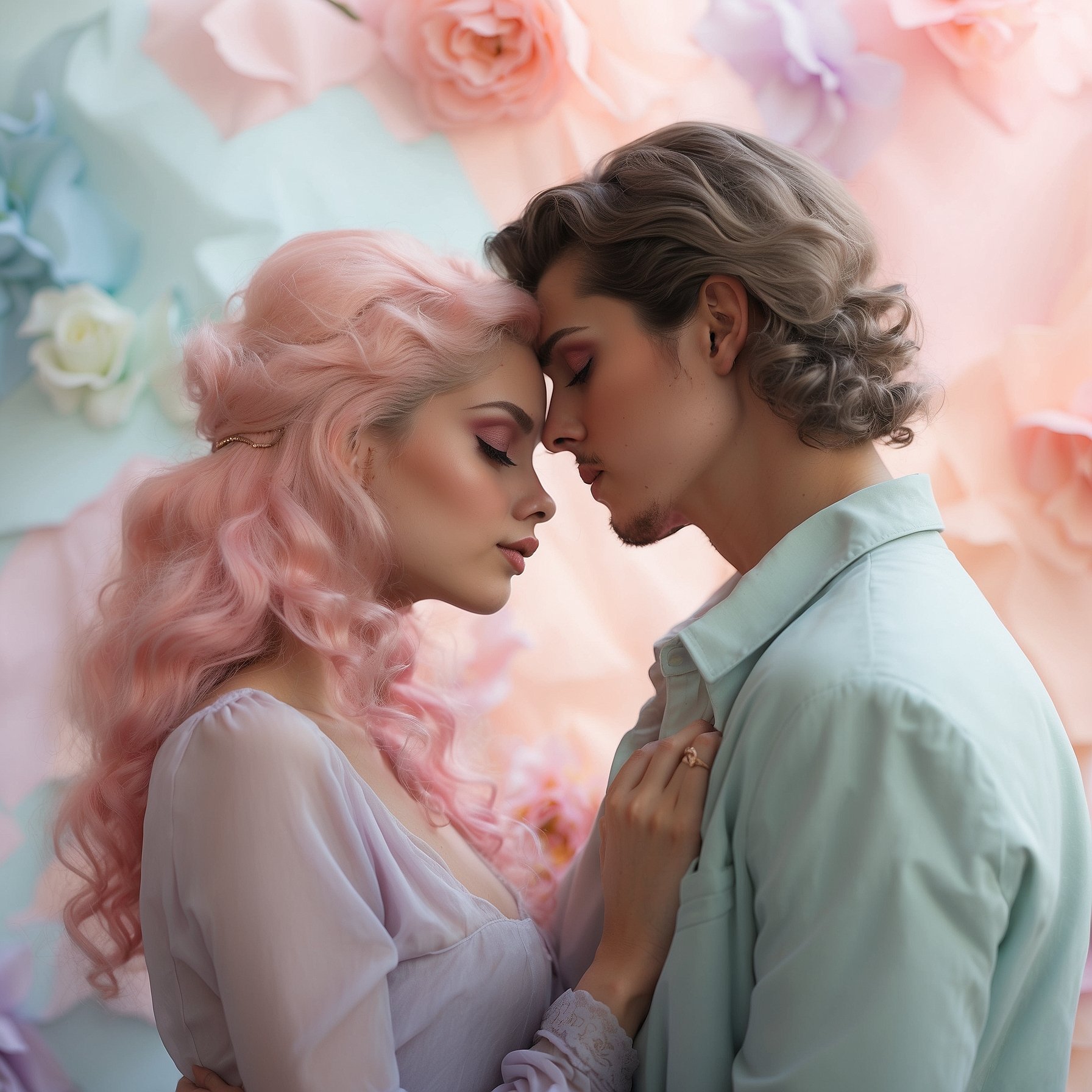 A romantic forum avatar featuring a close embrace between a couple, surrounded by pastel-colored flowers, capturing an intimate and dreamy moment.