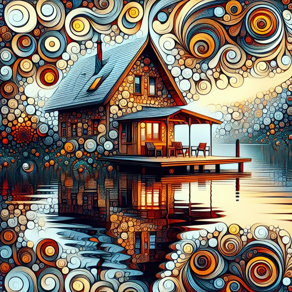 Avatar of a stylized lake house with a whimsical, swirling sky and reflective water, designed in vibrant colors.