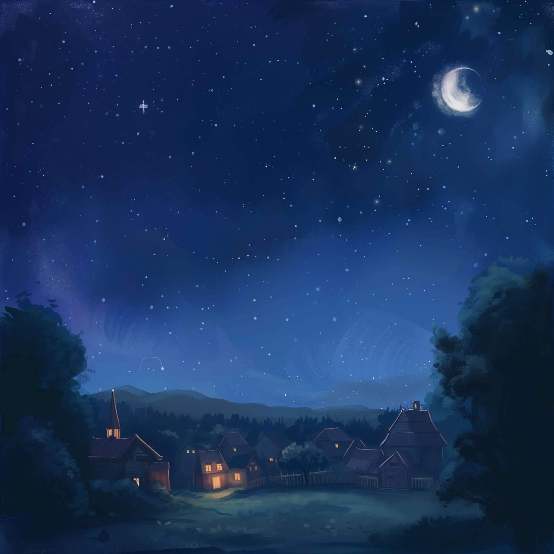 A tranquil night sky filled with stars and a crescent moon above a peaceful village, making it a captivating avatar for forums and profile pictures.