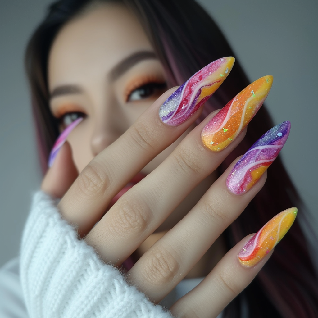 Artistic multicolored nail art on long acrylic nails, shown in a close-up avatar image with a blurred background.