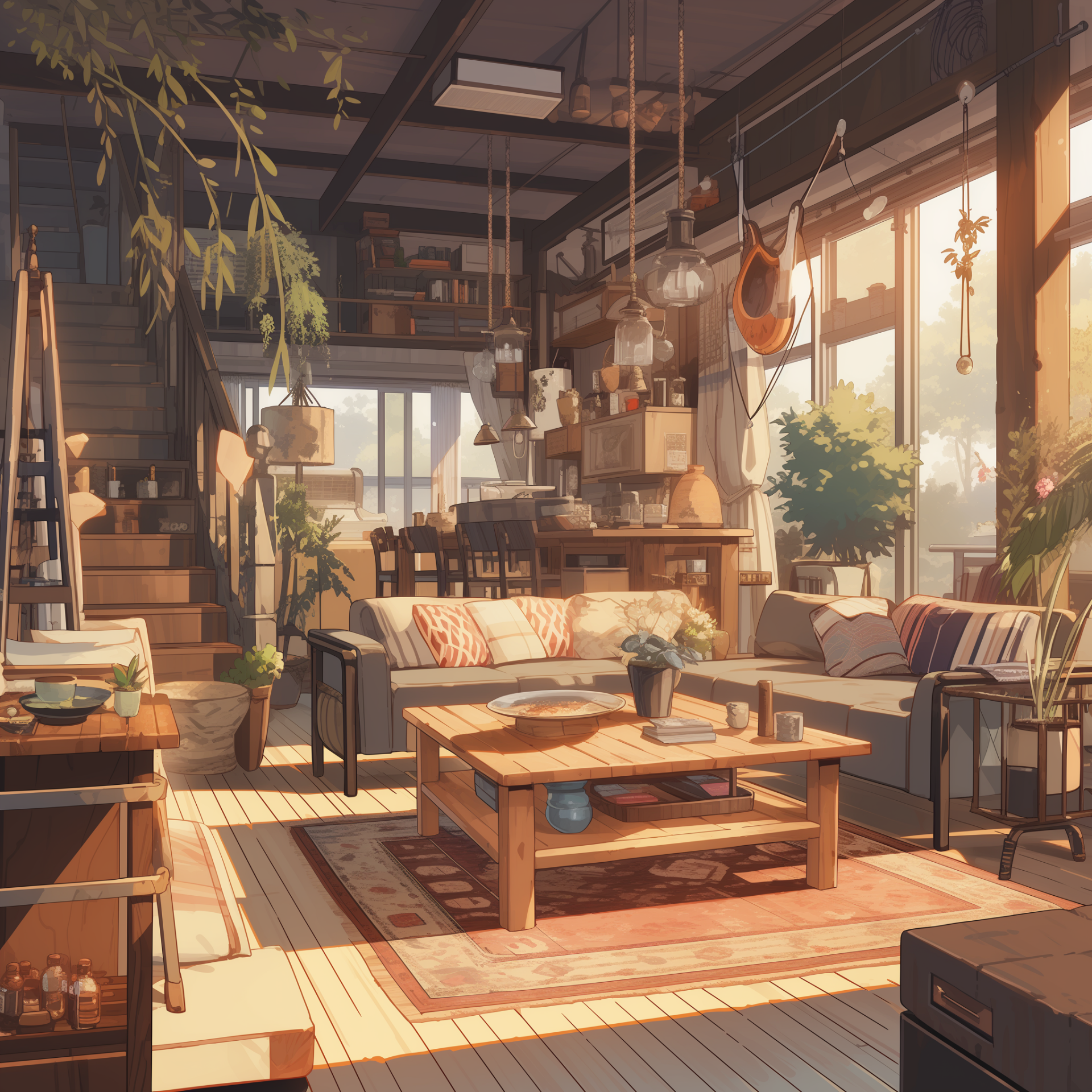 Cozy sunlit living room interior with wooden furniture and green plants.