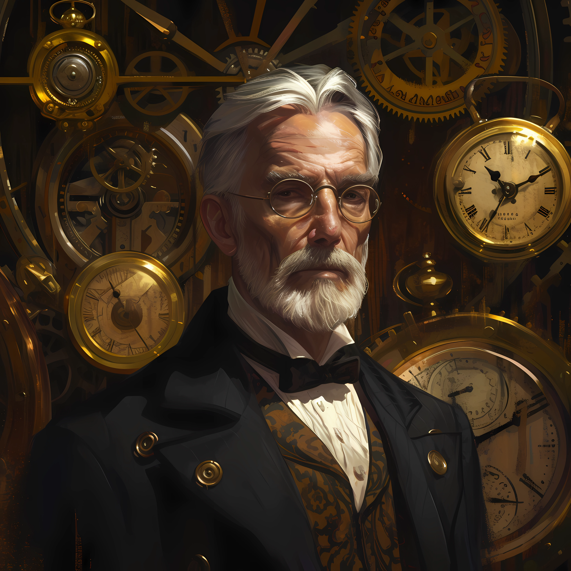 Profile photo of an elderly man with a distinguished white beard, wearing a dark formal jacket, set against a backdrop of intricate golden clockwork and multiple clocks.