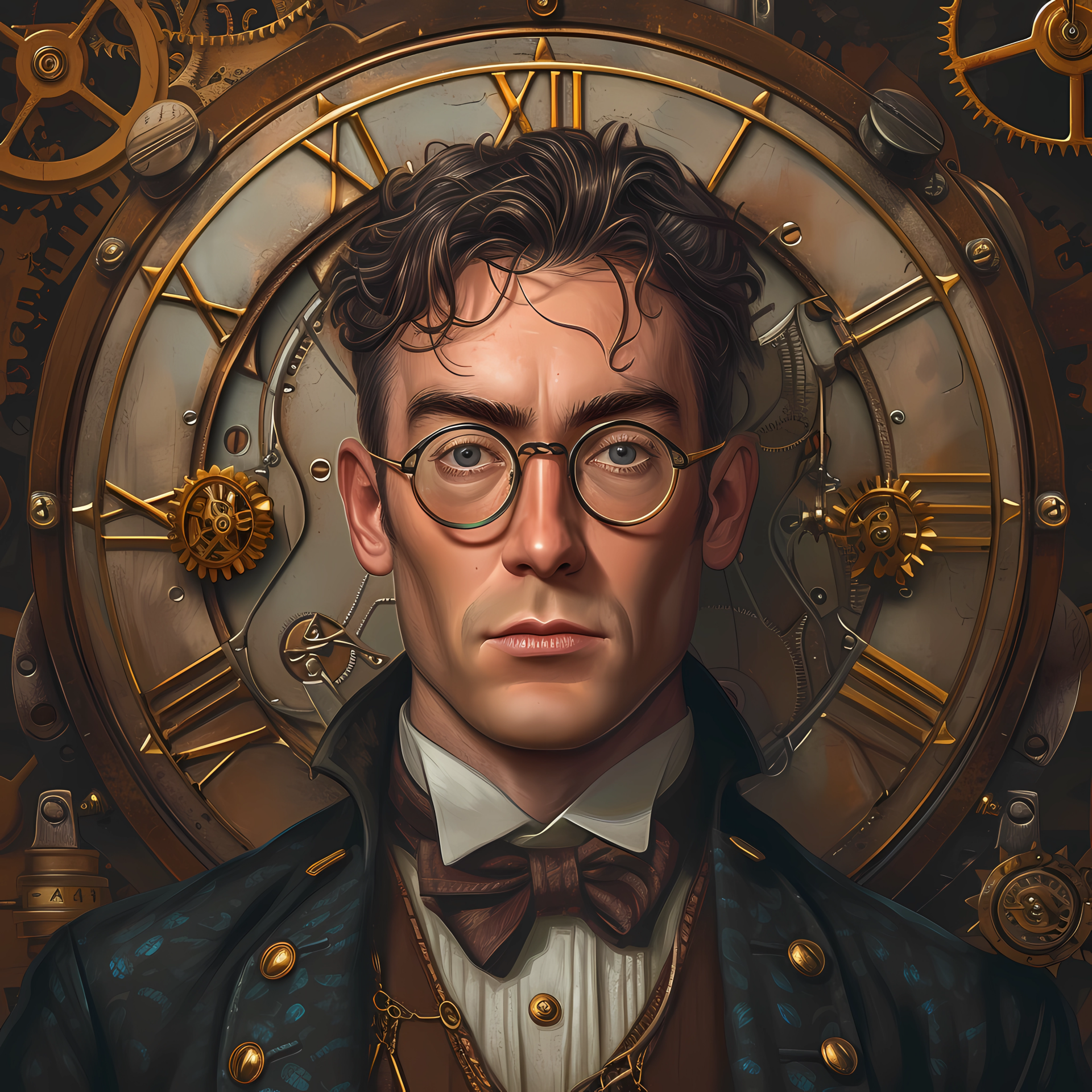 Avatar of a man wearing vintage attire with glasses, set against a detailed clockwork background.