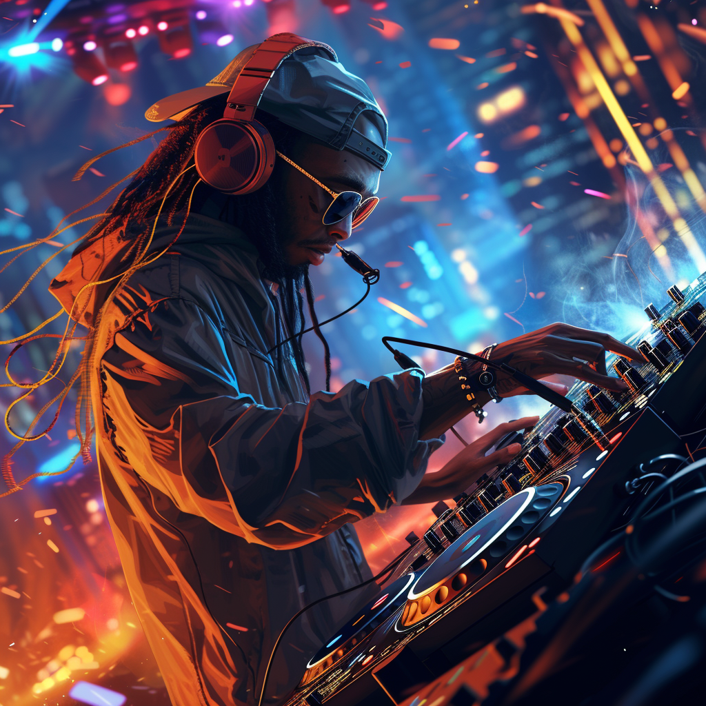 A dynamic DJ mixing live at a vibrant nightclub party, surrounded by colorful lights and an energetic atmosphere, captures the essence of music and celebration.