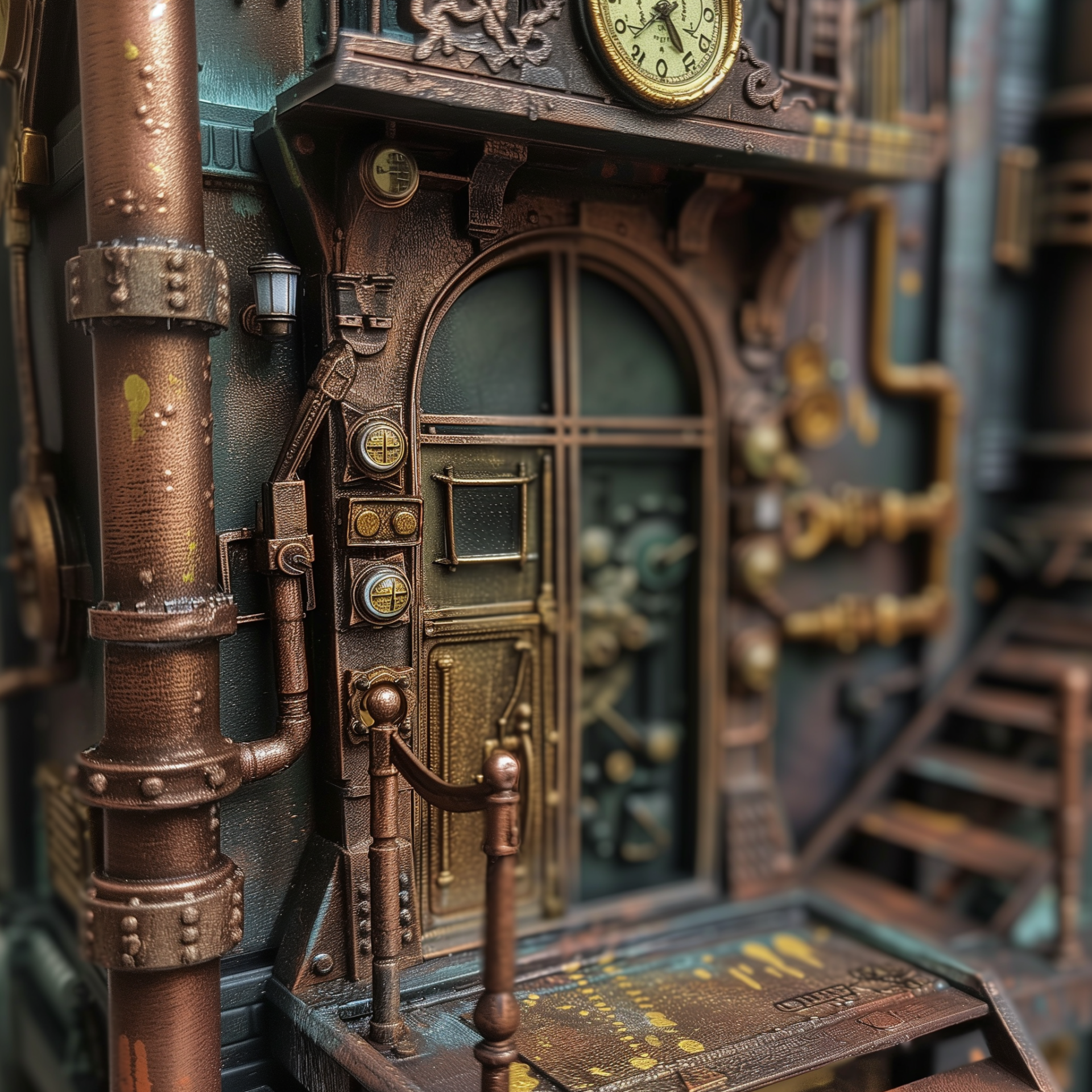 Steampunk-inspired tilt-shift avatar featuring a detailed miniature elevator with brass fittings and clockwork elements.