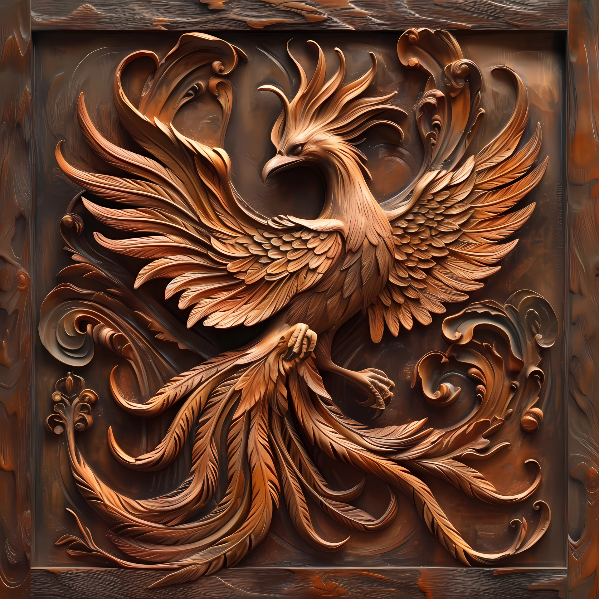Profile photo of a detailed wooden carving depicting a mythological phoenix in flight, showcasing intricate feather patterns and dynamic motion.