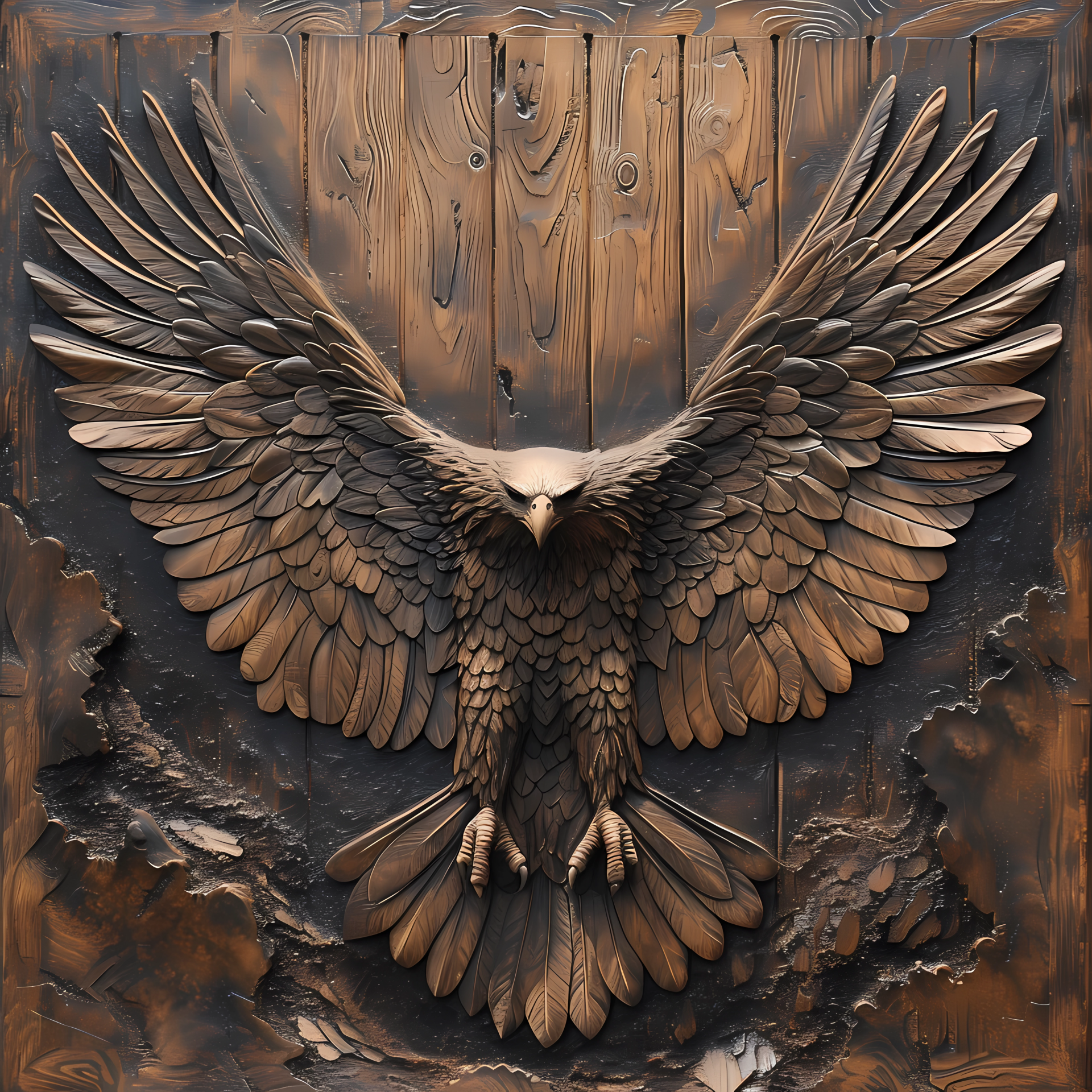 Intricately carved wooden eagle avatar with outstretched wings against a wooden backdrop, symbolizing a bird of prey.