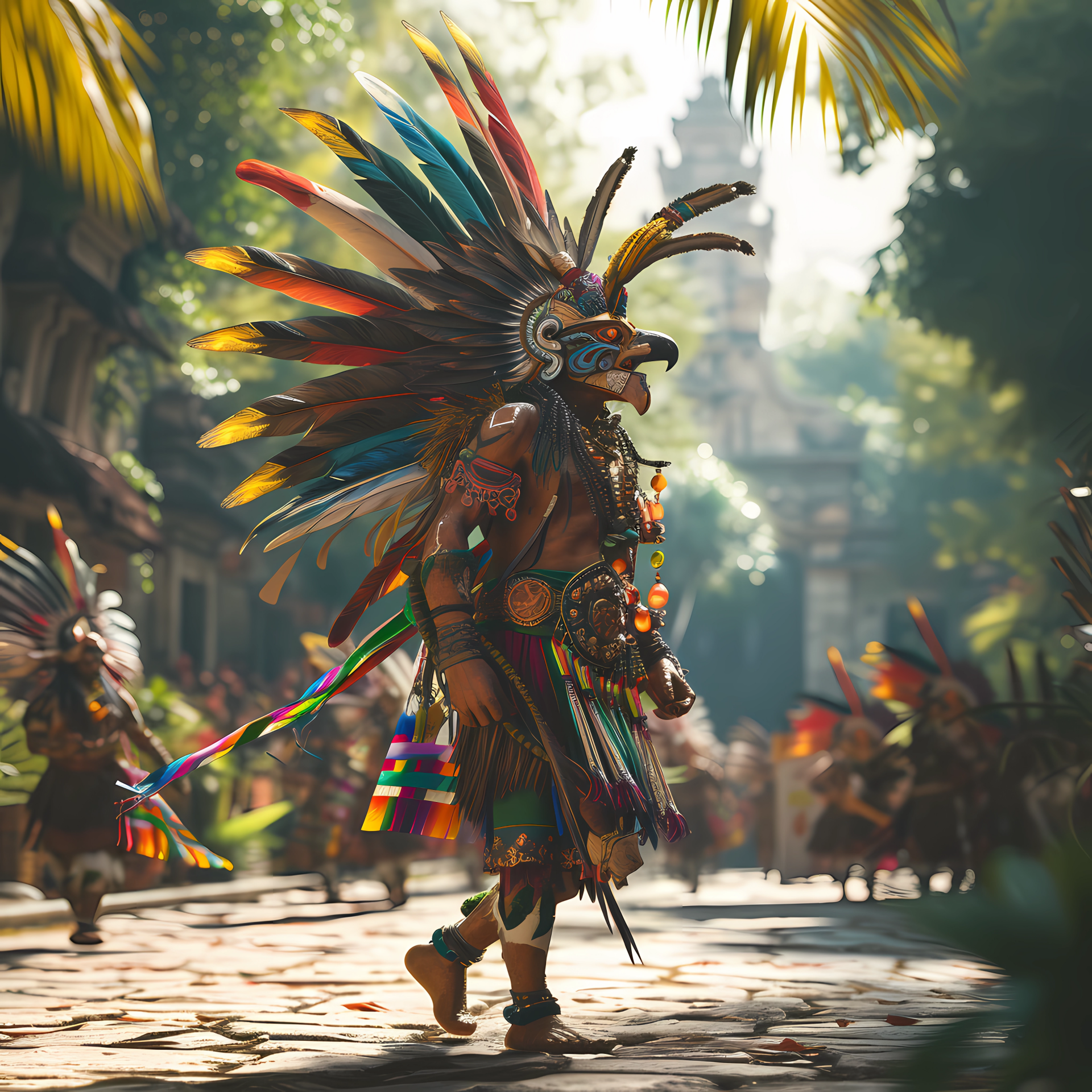 Avatar of a Maya shaman in traditional attire at a native American parade.