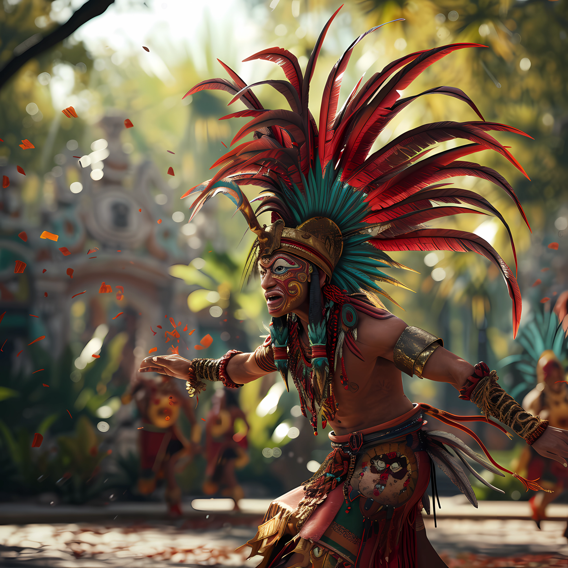 Avatar of a Maya shaman in traditional attire performing during a tribal parade with a vibrant feather headdress.