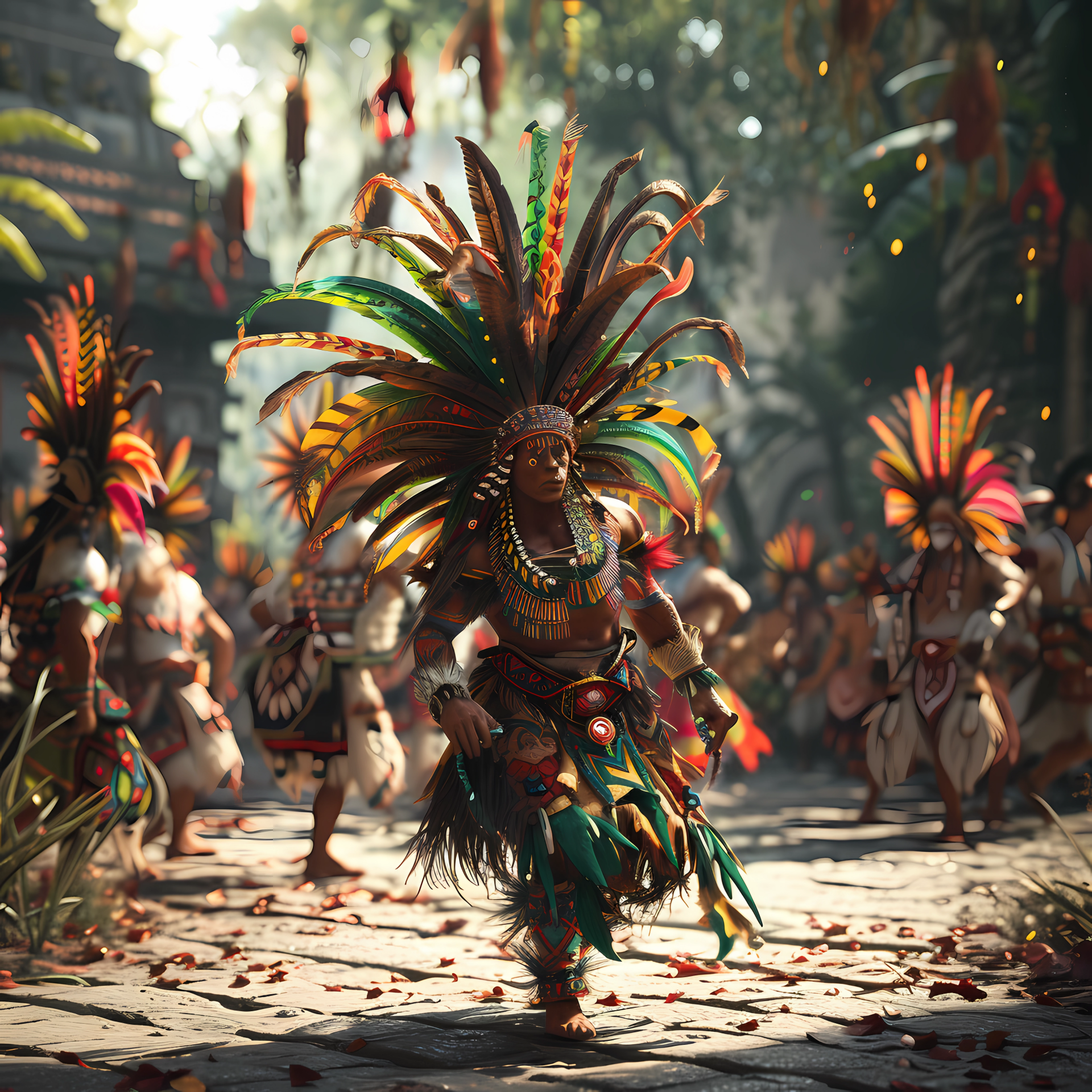 Native American shaman leading a tribal dance in a parade, adorned with vibrant feather headdress and traditional attire, avatar image.