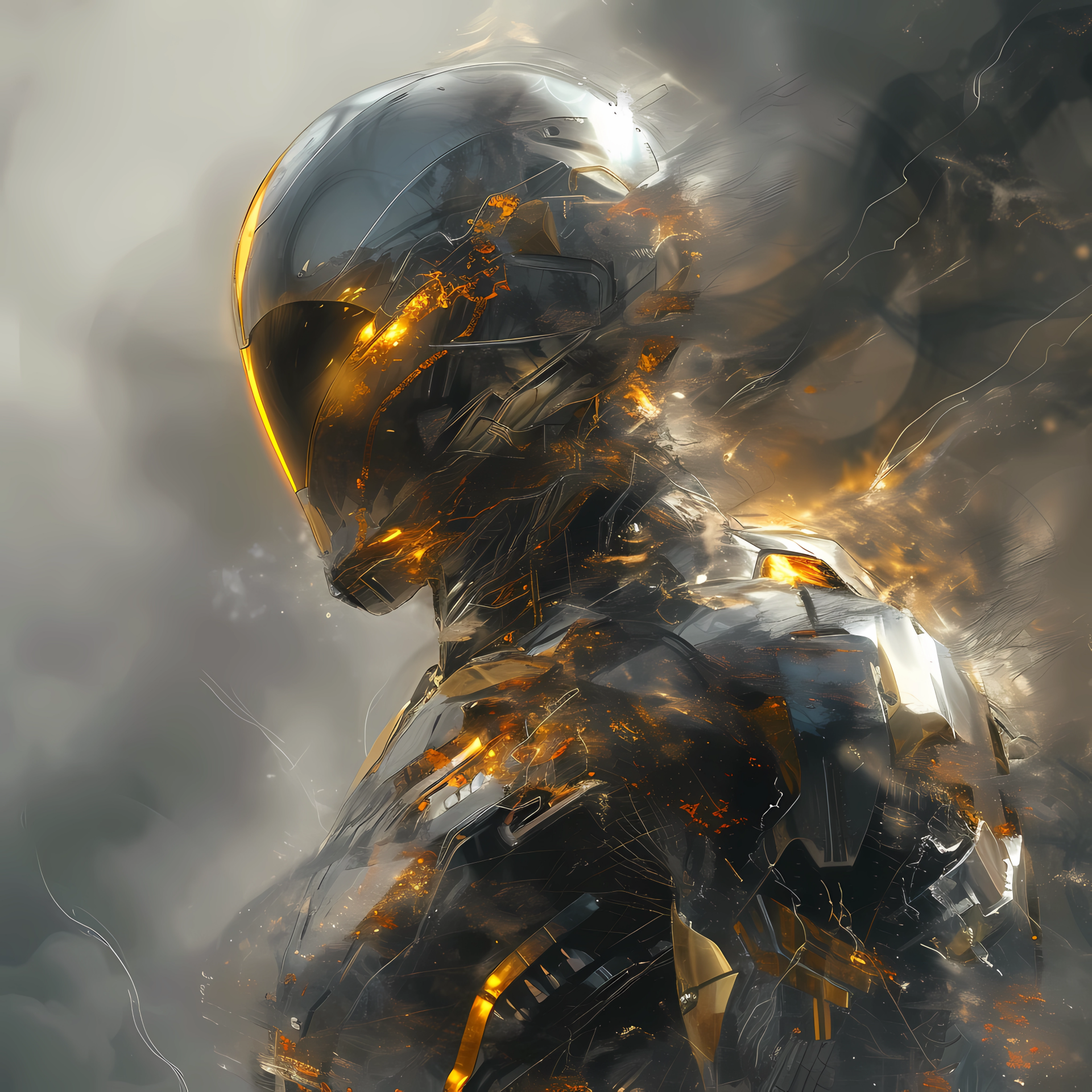 Profile photo of a cyberpunk warrior wearing futuristic armor, surrounded by mist with glowing orange accents.