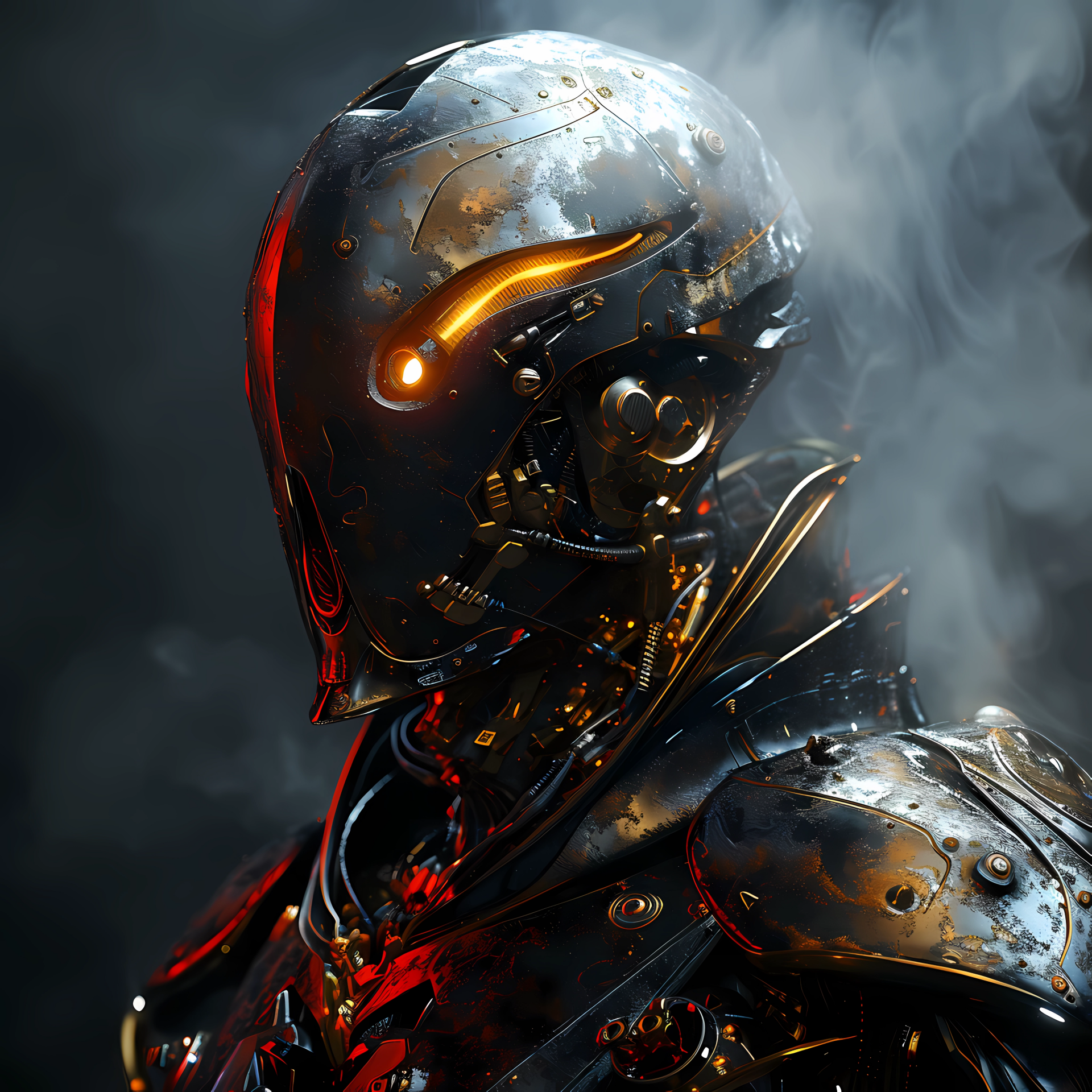 A futuristic cyberpunk warrior in intricate armor, partially obscured by mist, exudes a commanding presence with glowing accents. A striking forum avatar for sci-fi enthusiasts.
