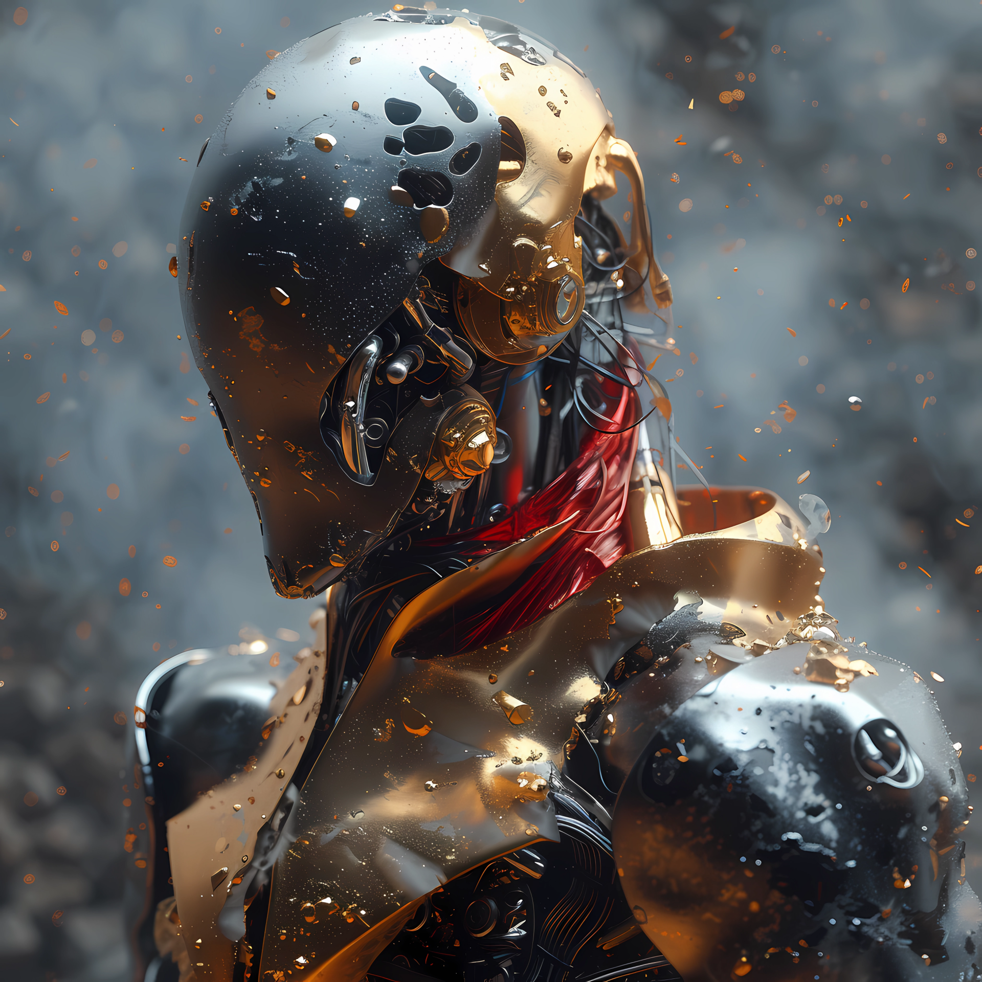 A profile photo of a cyberpunk warrior in misty armor with gold and black detailing, highlighting a futuristic Sci-Fi aesthetic.