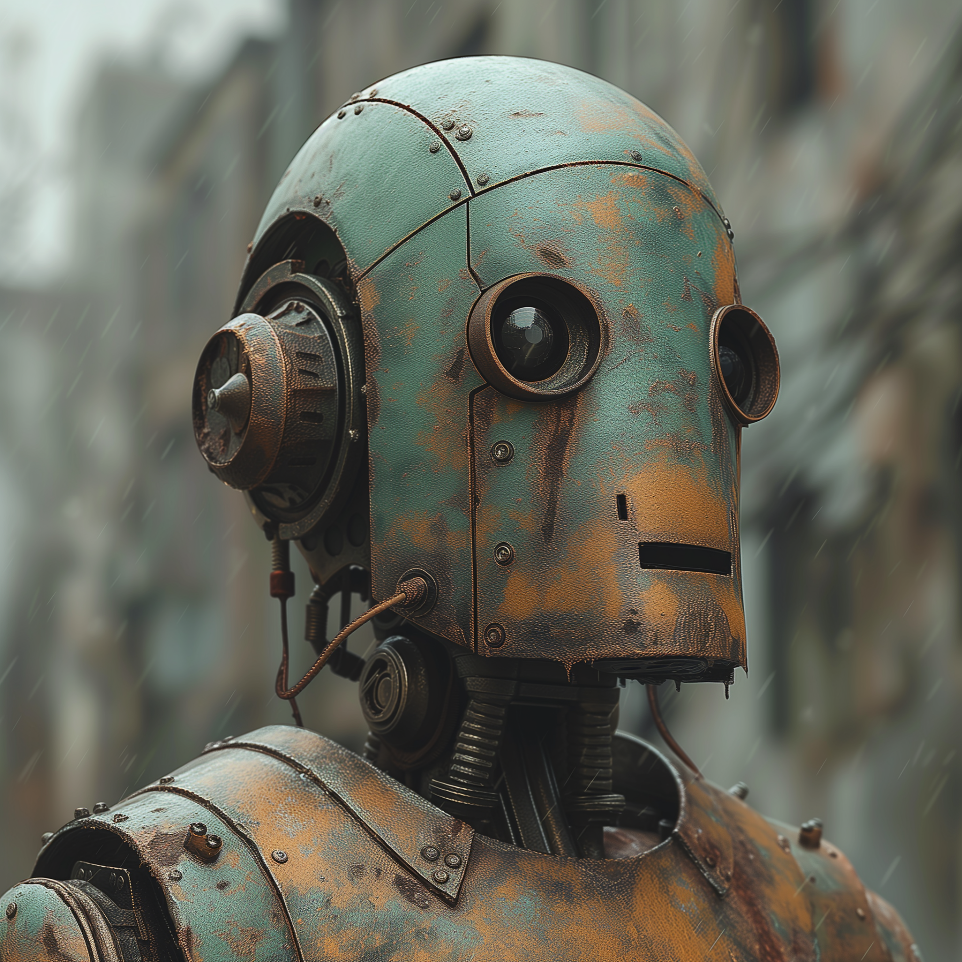 Dieselpunk-style robot avatar featuring a close-up view of a rusted mechanical head with expressive eyes, set against a blurred urban backdrop.