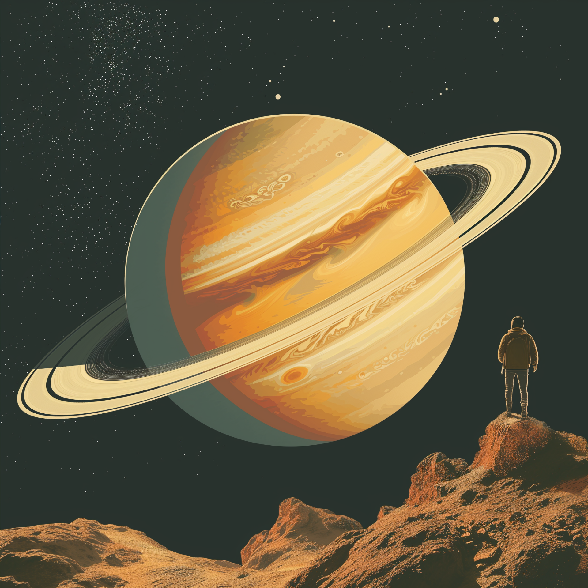 Avatar of Saturn viewed from a rocky terrain with a silhouetted figure observing the planet.