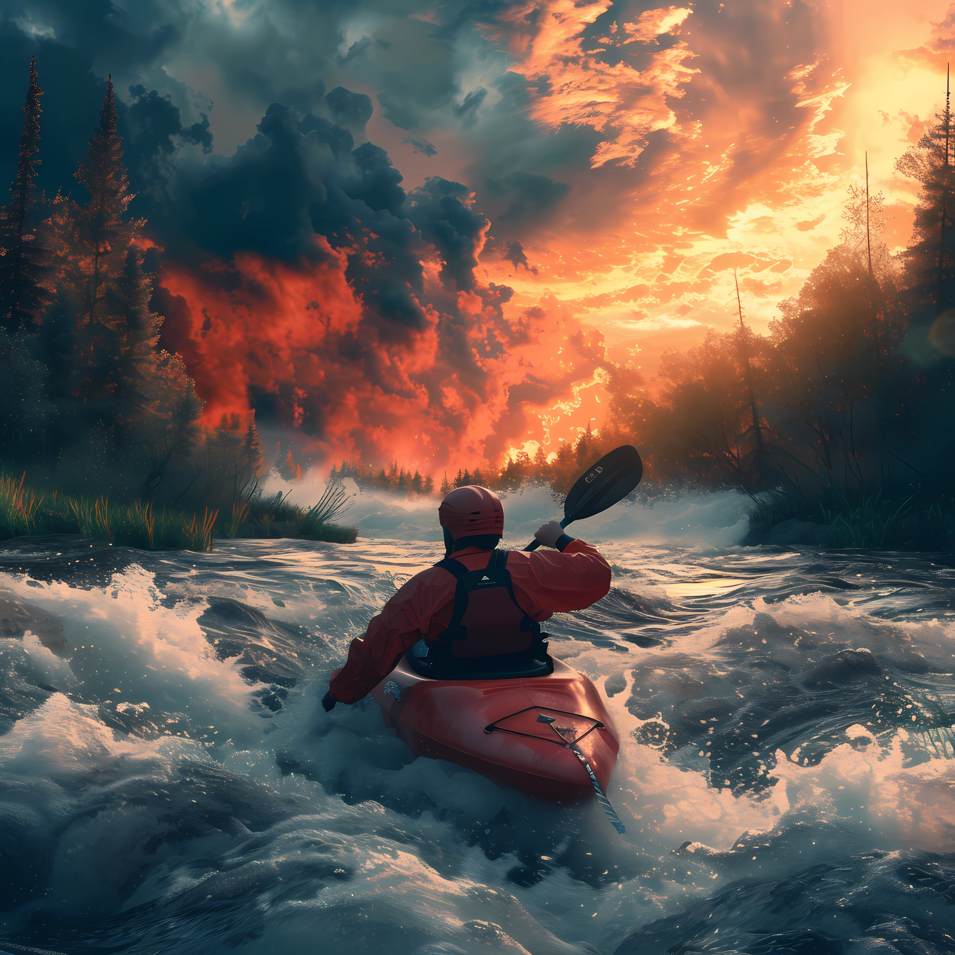 Avatar of a person kayaking down a vibrant river stream at sunset, encapsulating the spirit of nature and adventure sports.