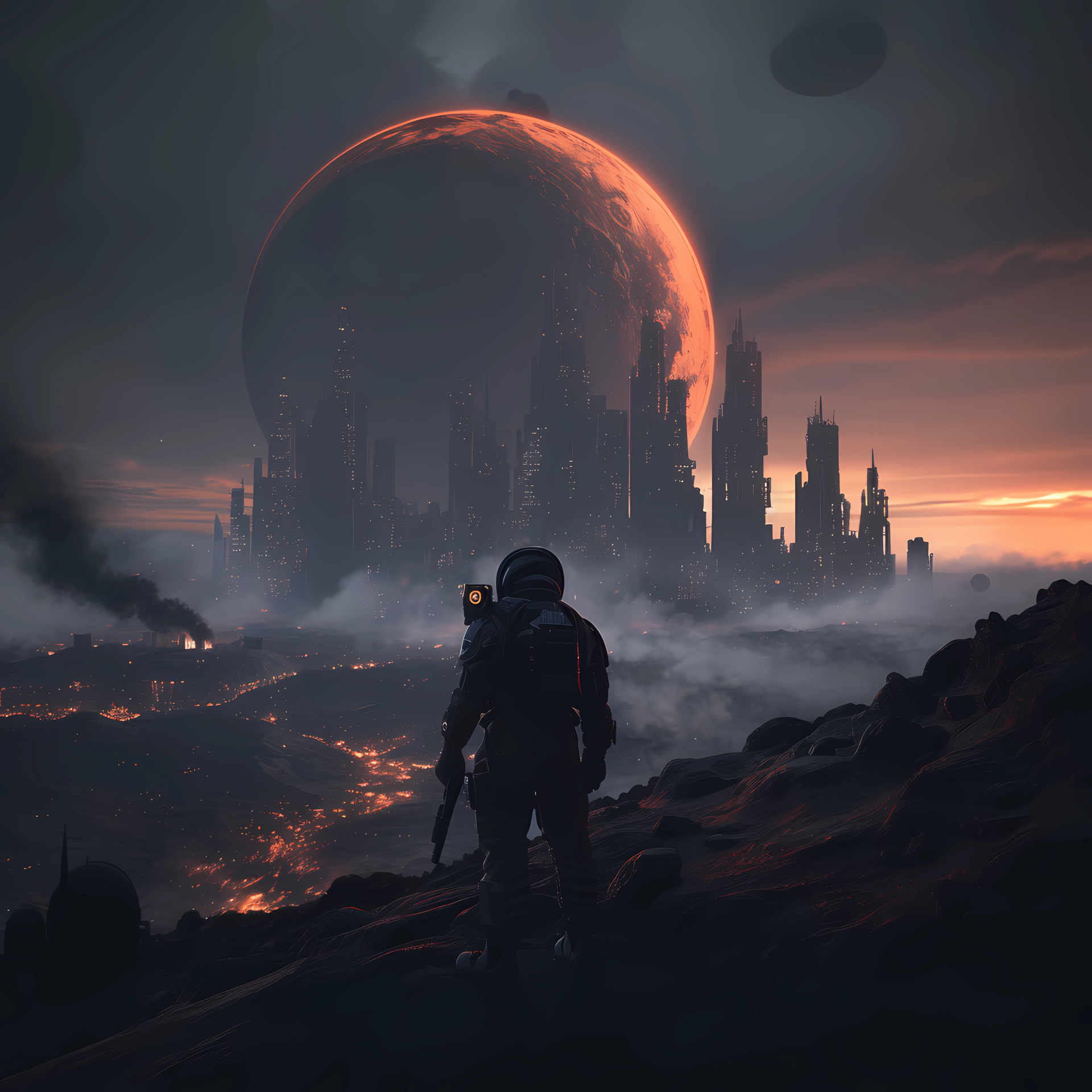 Astronaut looking at a dystopian cityscape with a large planet in the background under a dark sky, creating a dramatic post-apocalyptic avatar.