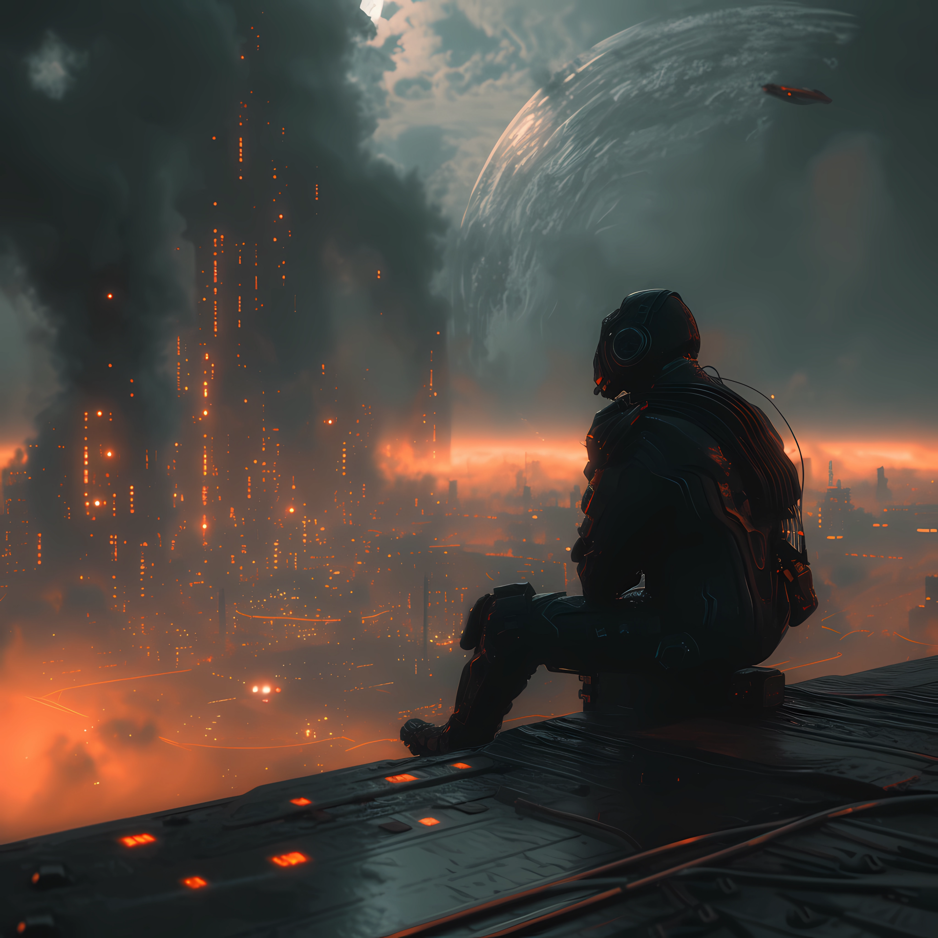 Avatar of a person sitting and gazing at a dystopian cityscape with illuminated skyscrapers under a massive planetary ring system in the sky, capturing the essence of a post-apocalyptic world.
