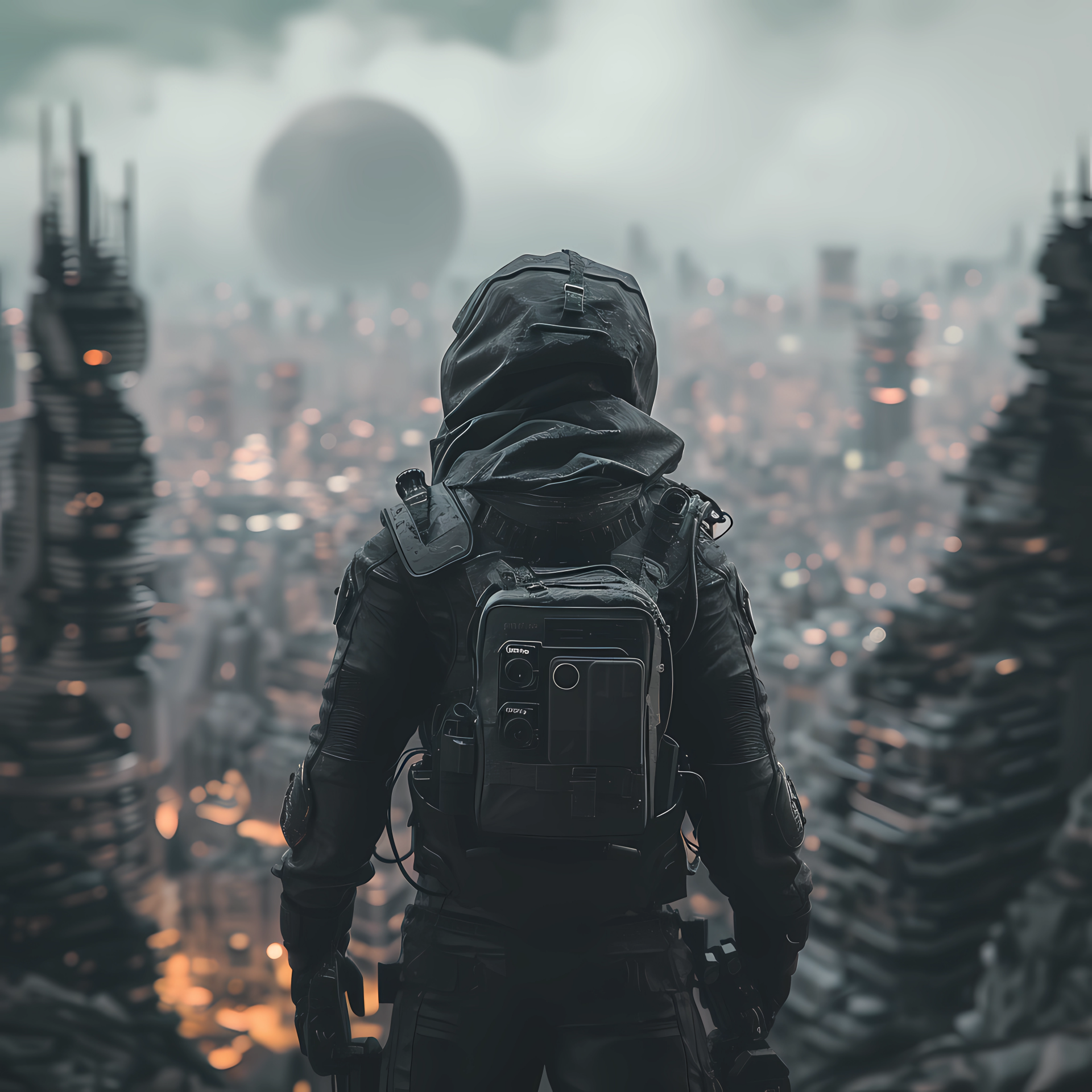 Profile picture of a lone figure with a backpack standing before a dystopian cityscape with towering buildings under a hazy sky and a large planet looming in the background, capturing a post-apocalyptic world atmosphere.