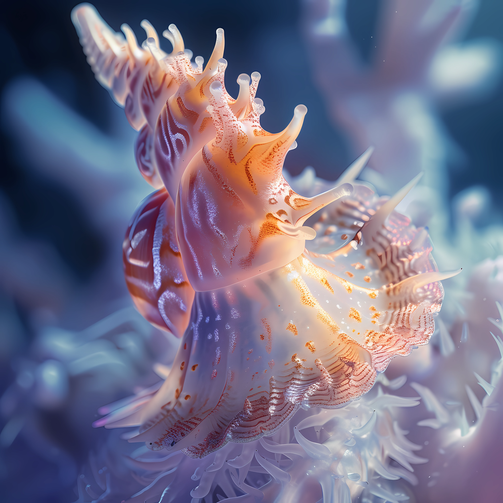 Colorful sea snail gliding through underwater ocean habitat, showcasing the natural beauty of marine life.
