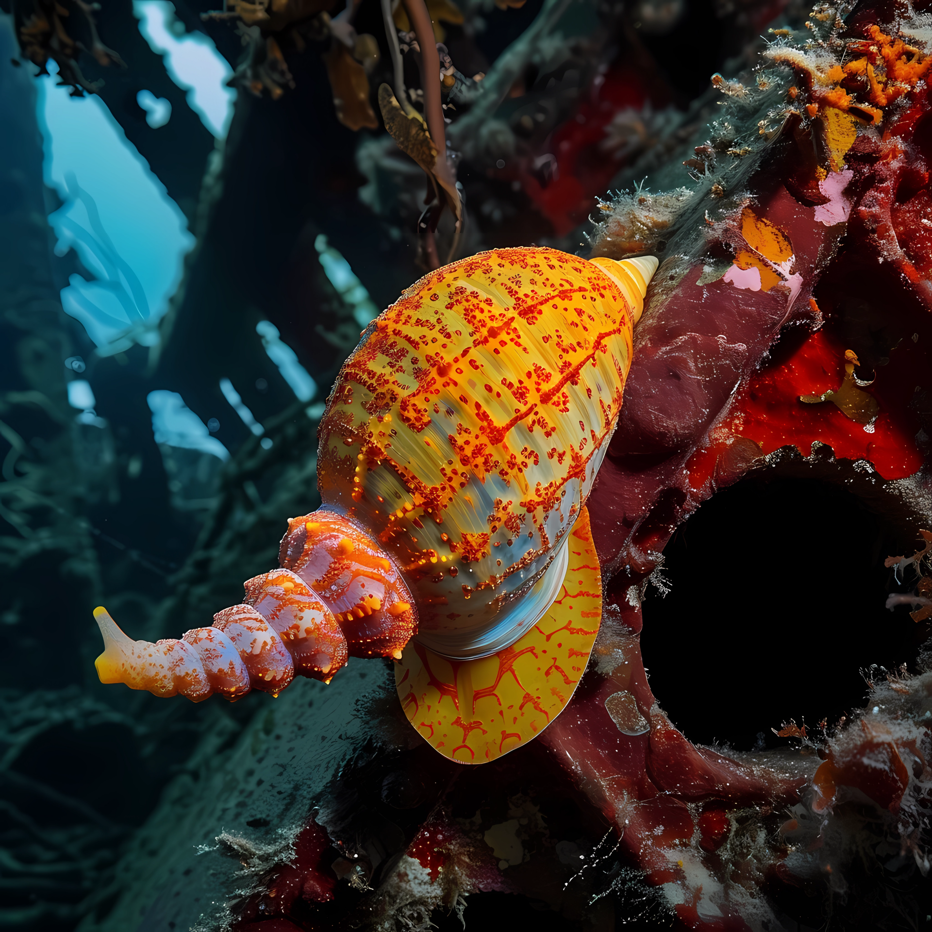 Colorful sea snail on a shipwreck underwater, showcasing oceanic nature - avatar image.