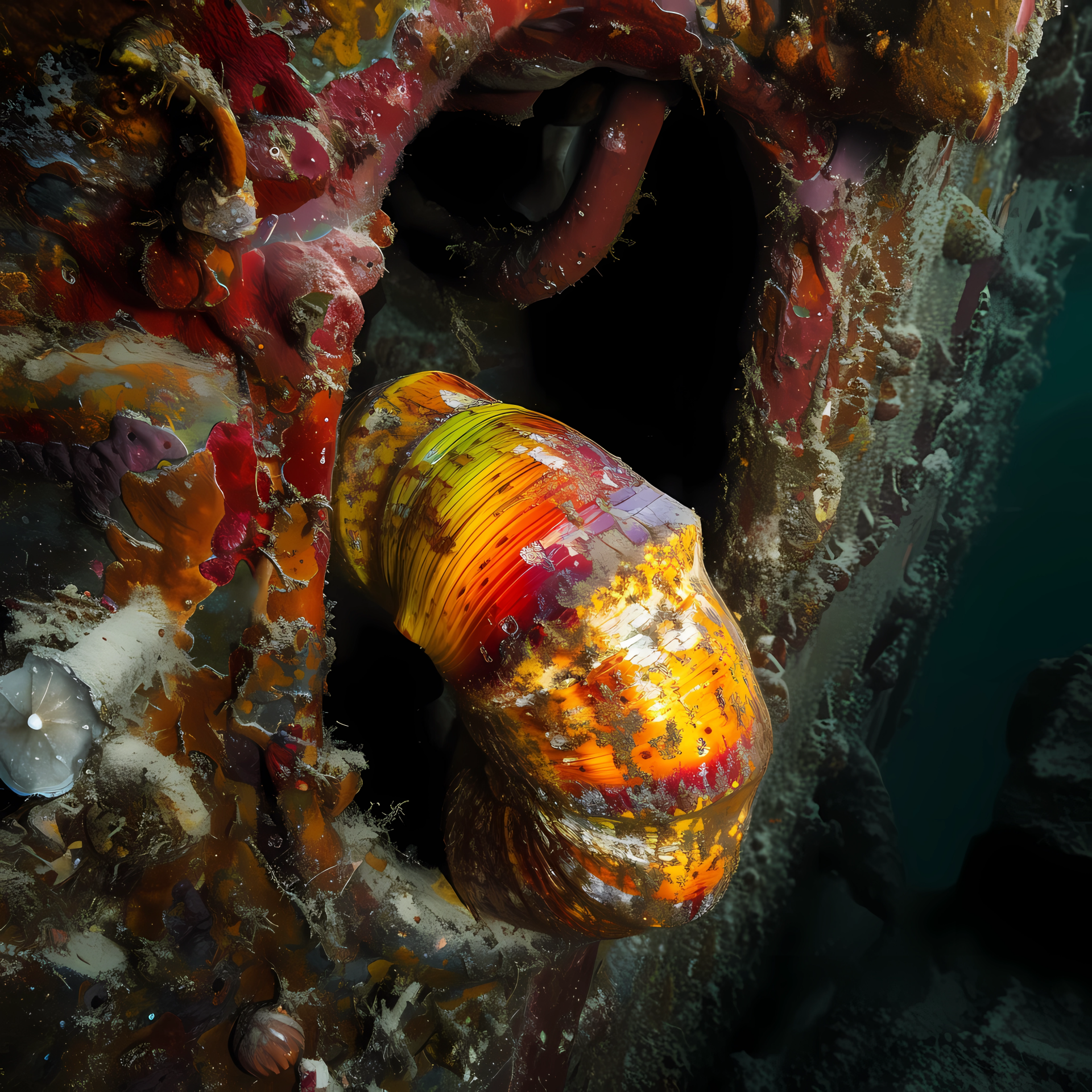 Colorful sea snail on a shipwreck structure underwater, depicting ocean wildlife and natural marine habitat - avatar image.