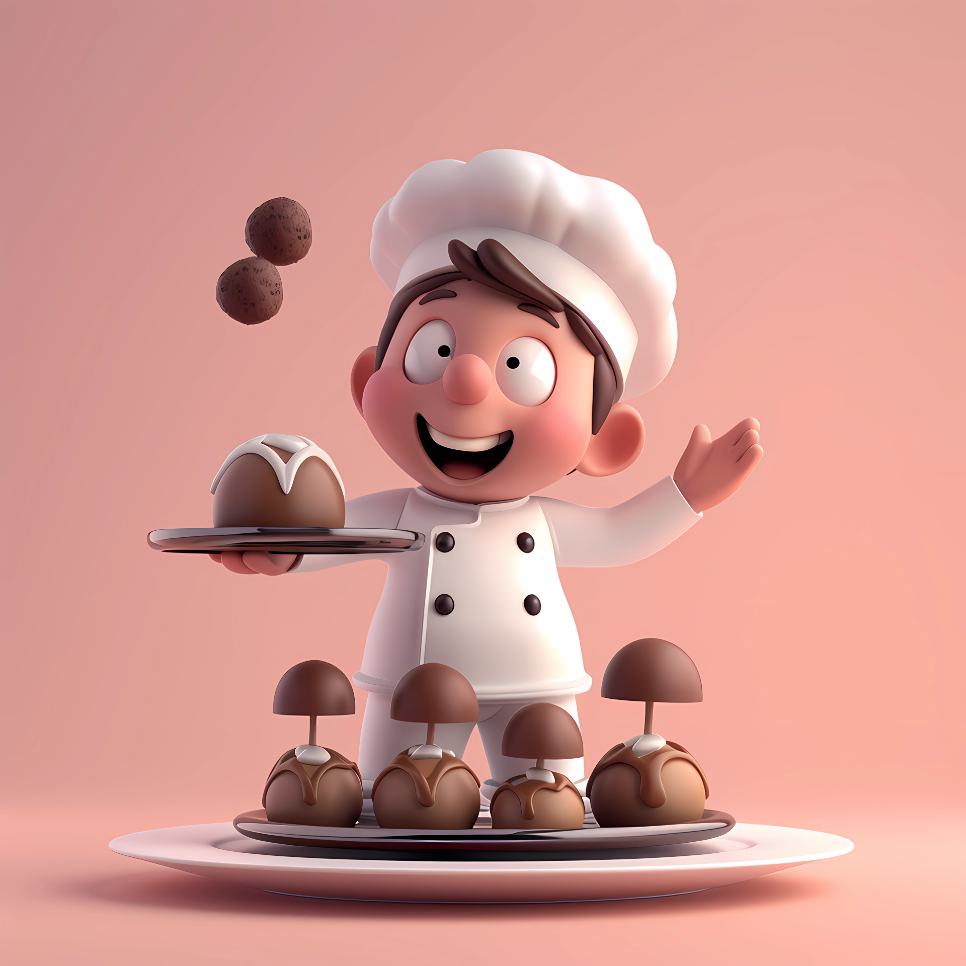 A cheerful chef in a white uniform joyfully presents a plate of chocolate truffles, showcasing a cute and funny character against a soft pink background.