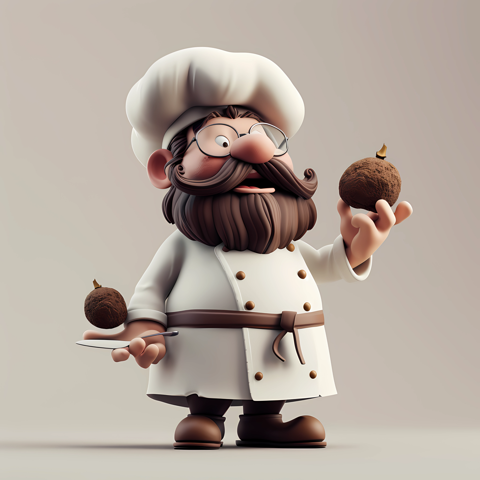 A cute, funny chef with a bushy beard holds a truffle in one hand and a plate with another, showcasing a playful and delightful culinary spirit.