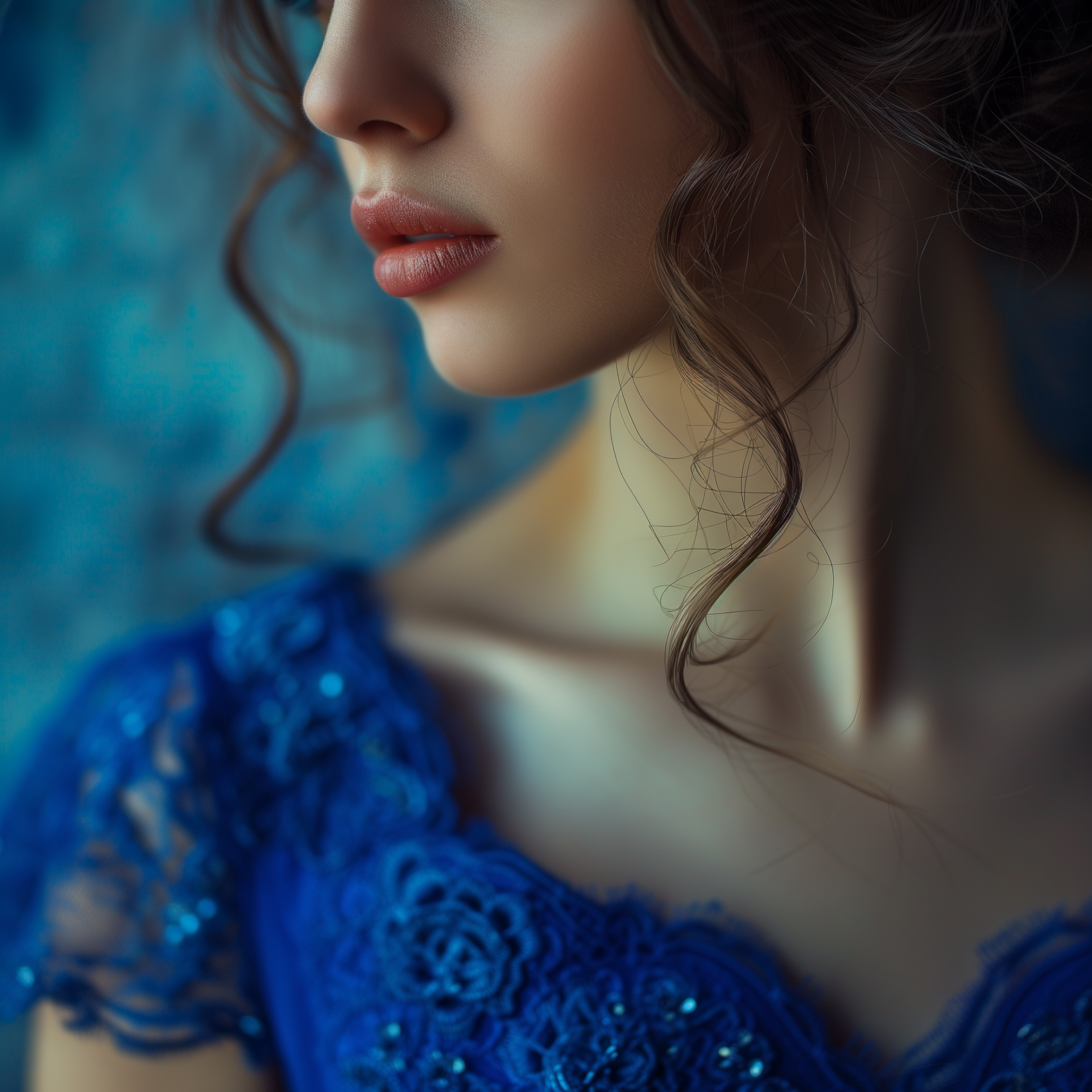 Profile photo of a woman wearing an elegant blue lace dress, featuring a close-up of her shoulder and curly hair.