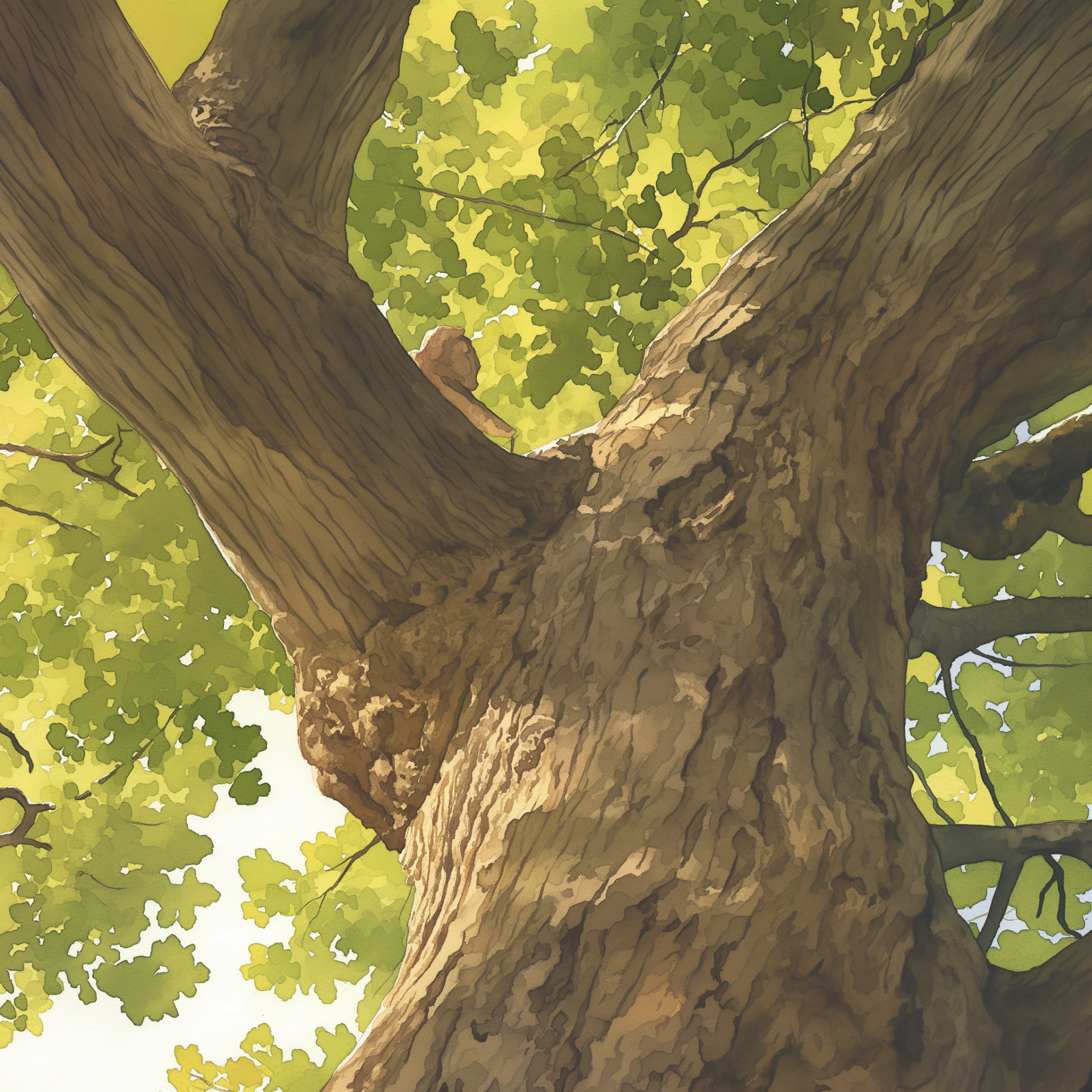 Illustration of a majestic oak tree for a profile picture, showcasing detailed bark texture and lush green leaves against a bright sky.
