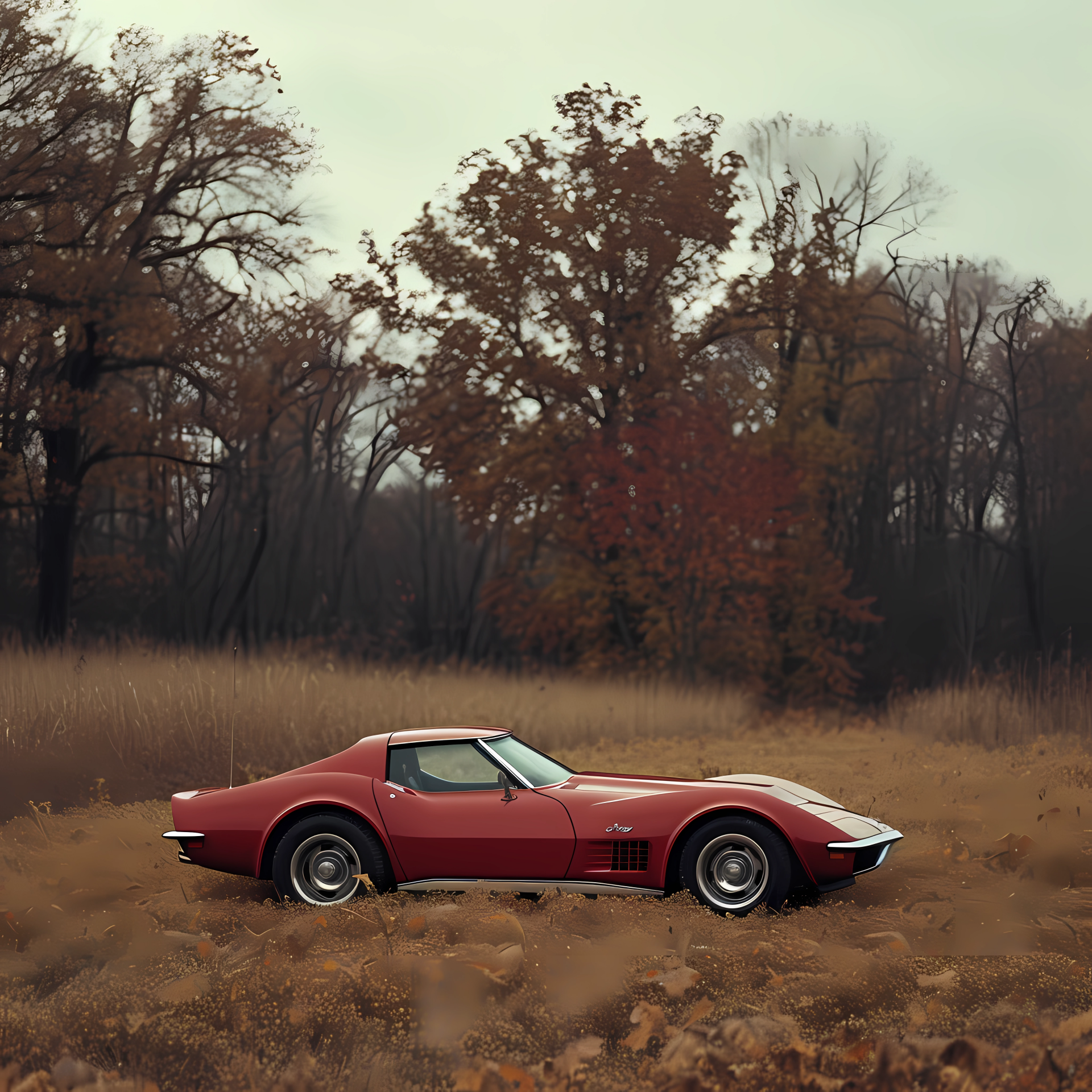 A classic red Chevrolet Corvette Stingray parked in a serene, autumn landscape, showcasing its iconic design against a backdrop of bare trees and golden grass.