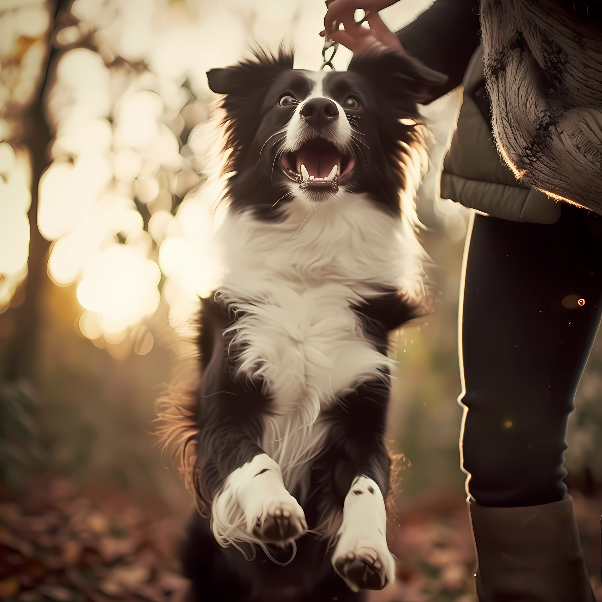 A joyful border collie leaps happily in a sunlit forest, showcasing its playful spirit in this vibrant profile photo.
