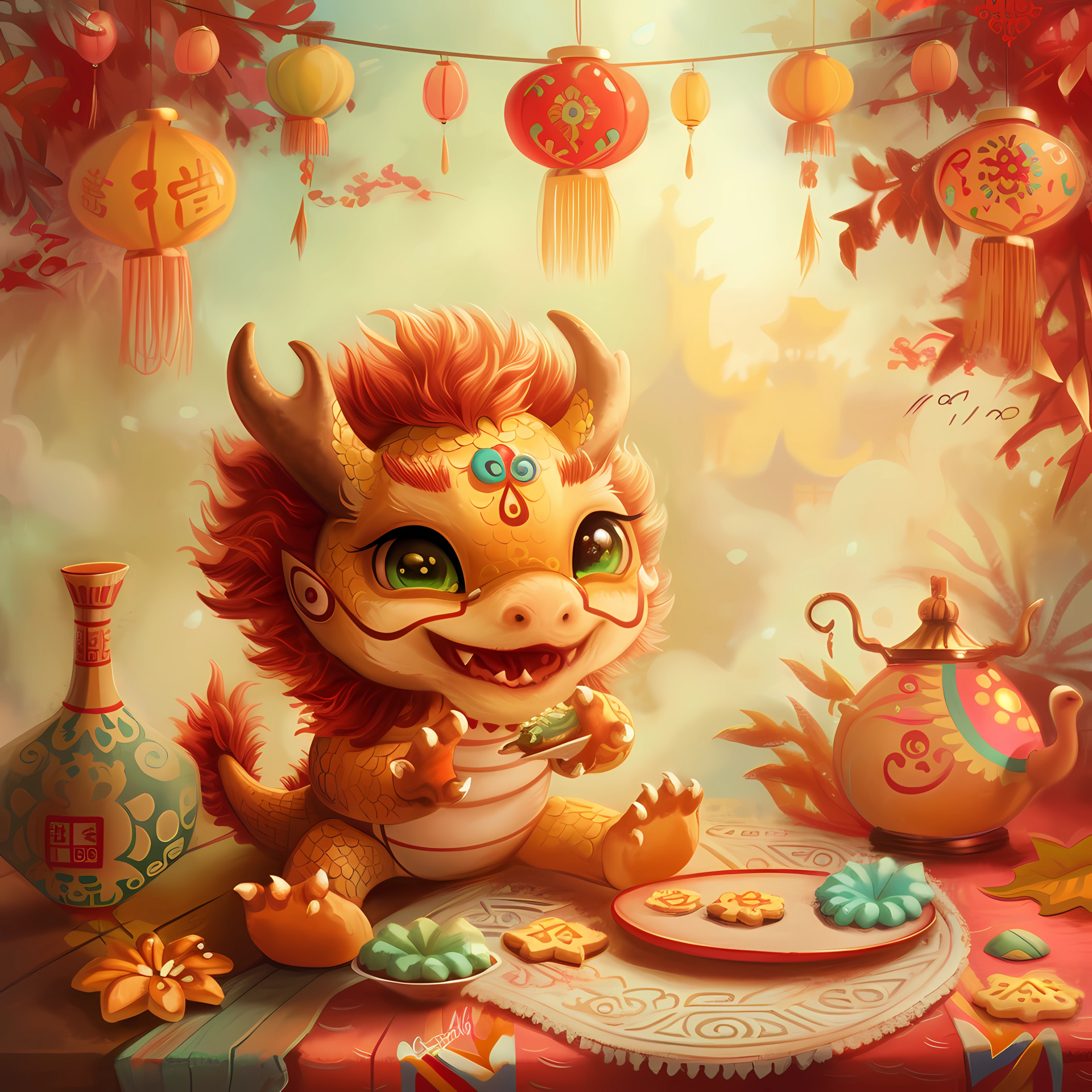 Cute and happy Chinese dragon avatar with fortune cookies and festive decorations for profile picture.