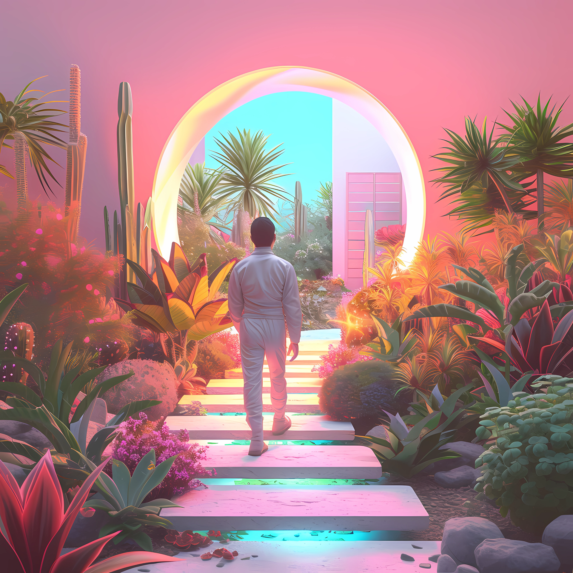 A surreal garden pathway leads to a glowing circular arch, surrounded by vibrant plants and cacti, embodying a vaporwave and psychedelic aesthetic for a unique forum avatar.