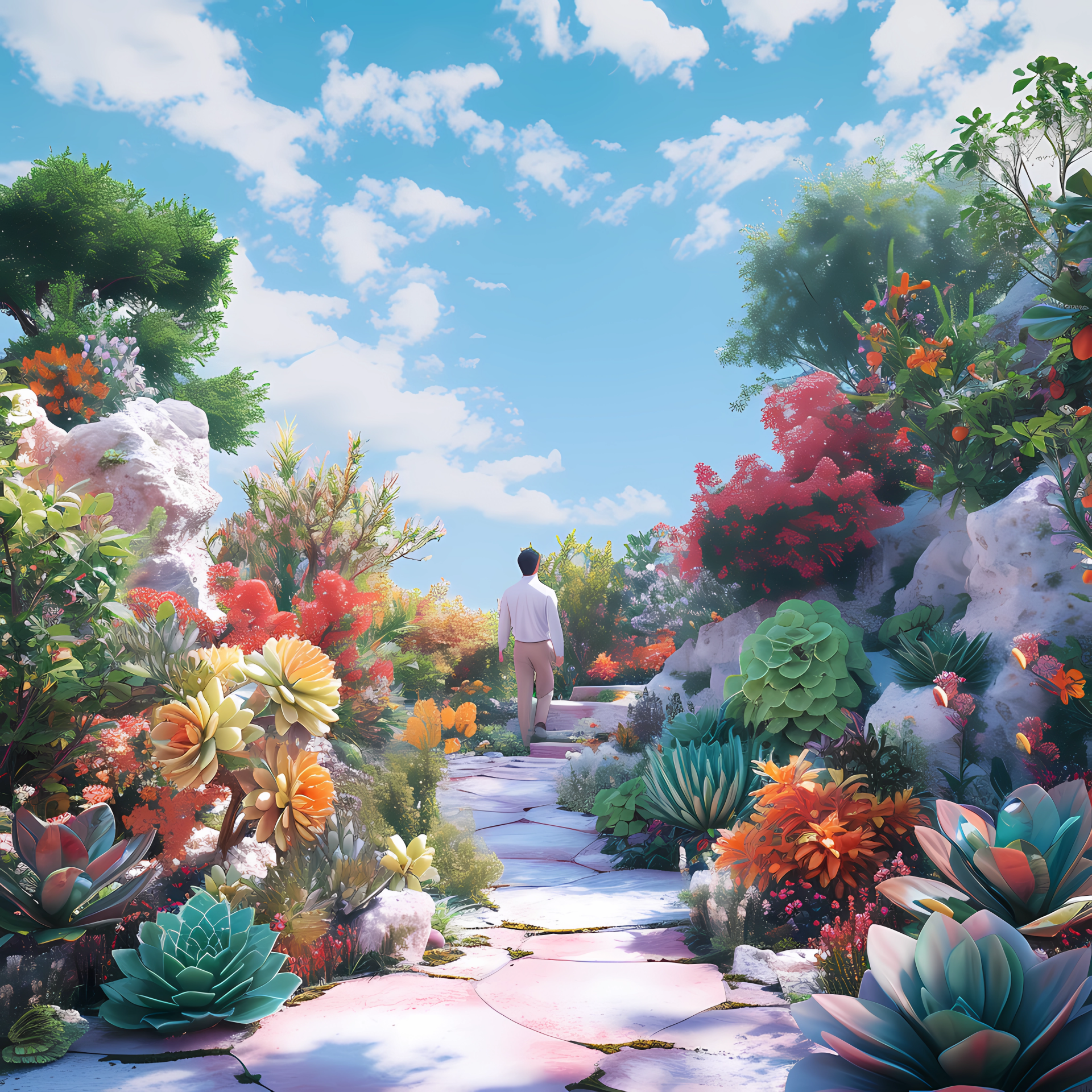 Vibrant avatar of a person in a surreal, colorful garden with a psychedelic, vaporwave aesthetic for gardening enthusiasts.