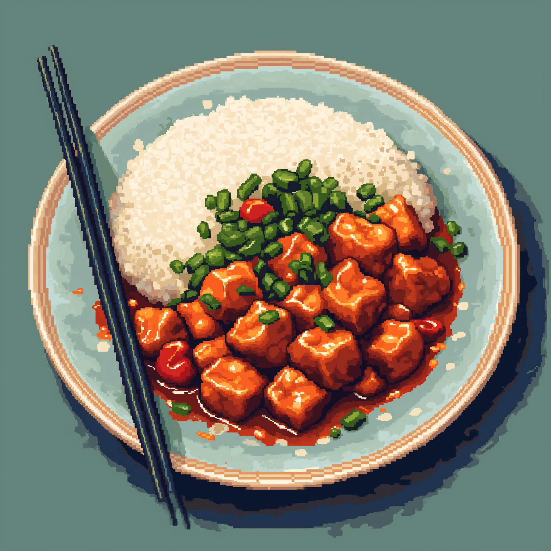 8-bit style avatar featuring a plate of Chinese food with rice and chopsticks.