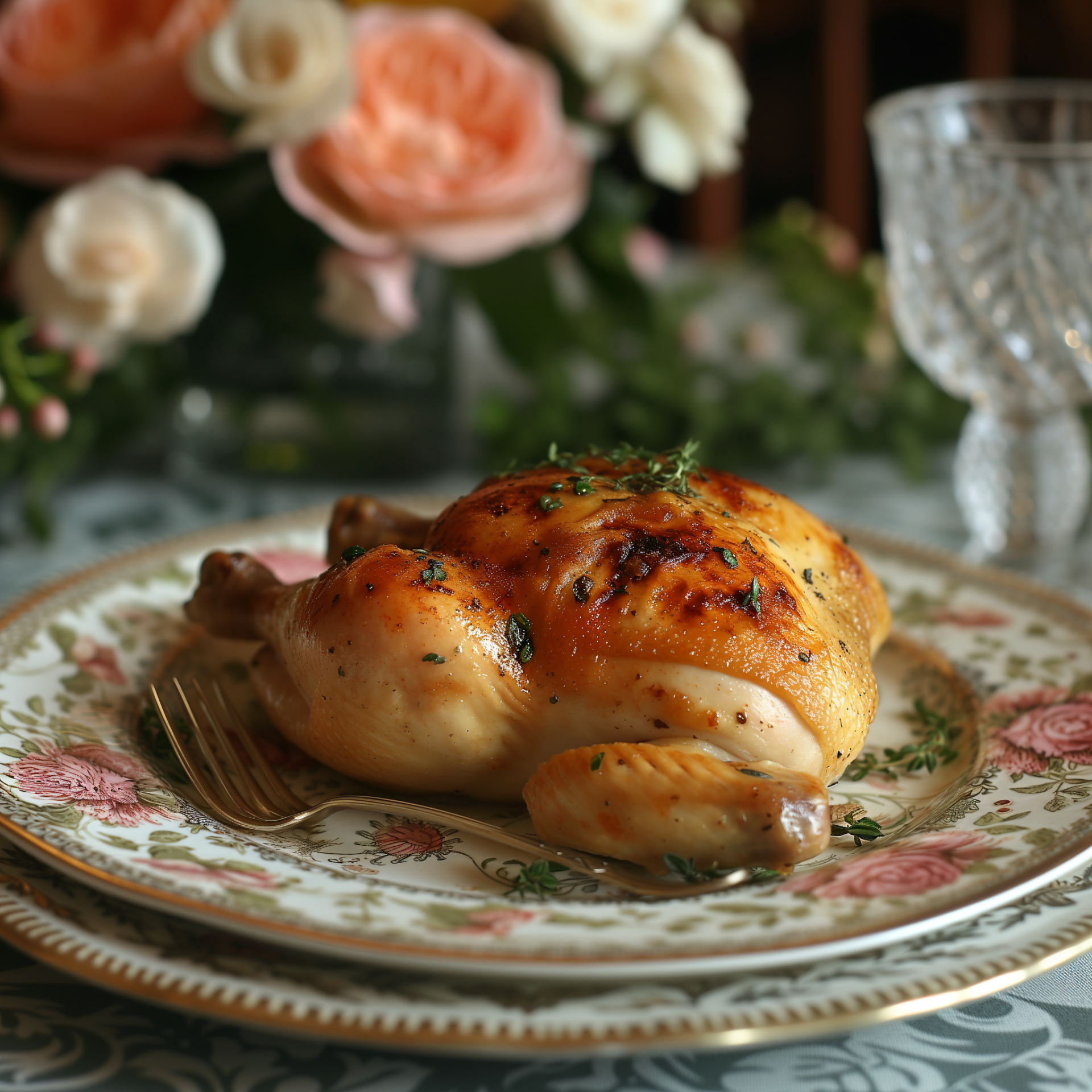 A beautifully roasted chicken sits on a decorative plate, garnished with herbs, set against a backdrop of soft floral arrangements, embodying a cozy Thanksgiving vibe.