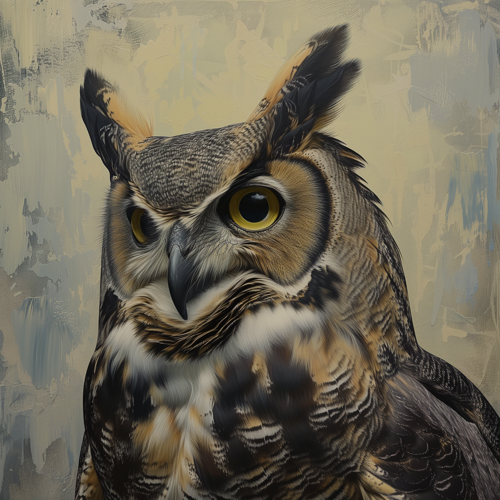 Avatar of a Great Horned Owl with piercing yellow eyes and detailed feathers against a textured background.