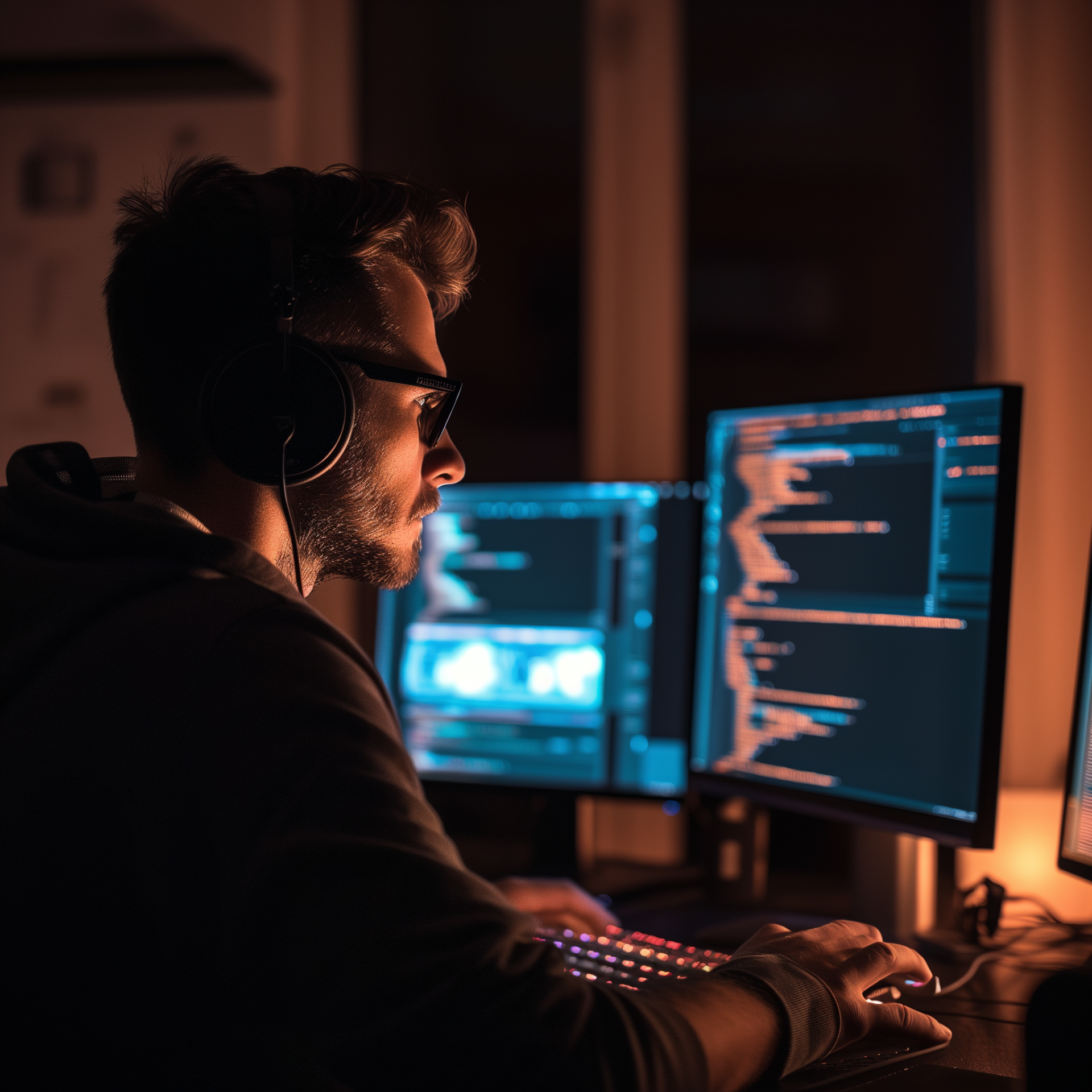 Person coding on multiple computer monitors in a dark room, programmer avatar.